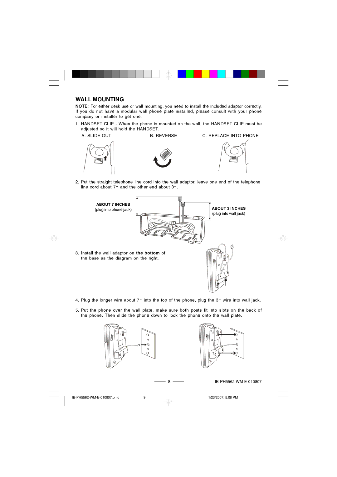 Lenoxx Electronics PH-5562 operating instructions Wall Mounting, Slide OUT Reverse Replace Into Phone 