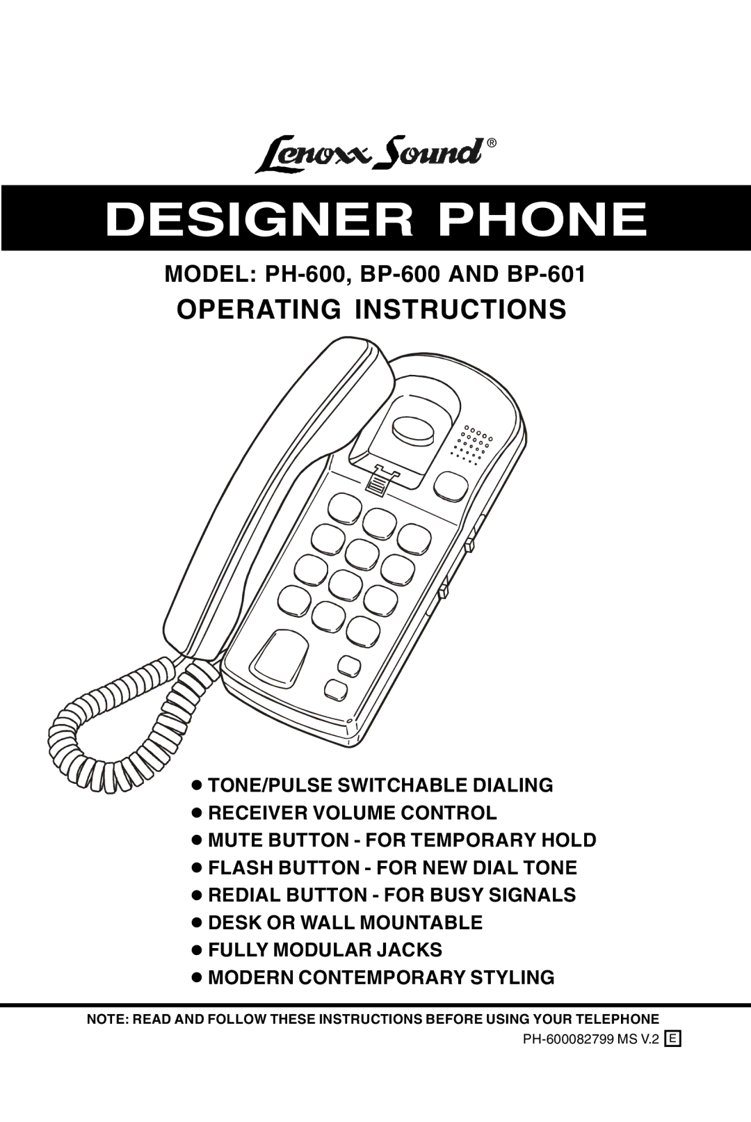 Lenoxx Electronics BP-600, PH-600, 601 operating instructions Designer Phone, Operating Instructions 