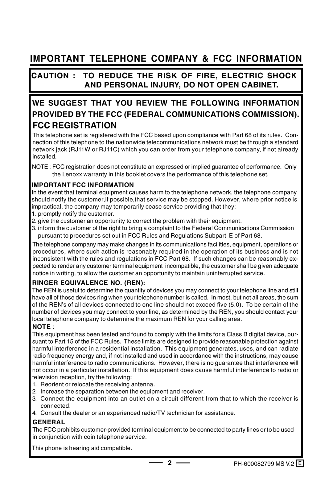 Lenoxx Electronics PH-600, BP-600, 601 operating instructions Important Telephone Company & FCC Information, FCC Registration 