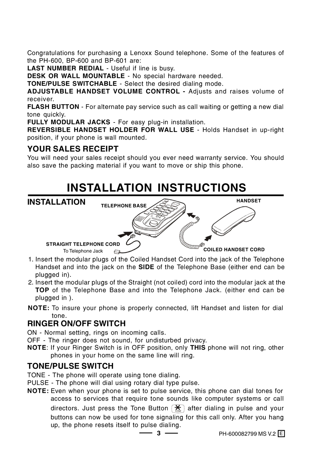 Lenoxx Electronics BP-600, PH-600 Installation Instructions, Your Sales Receipt, Ringer ON/OFF Switch, TONE/PULSE Switch 