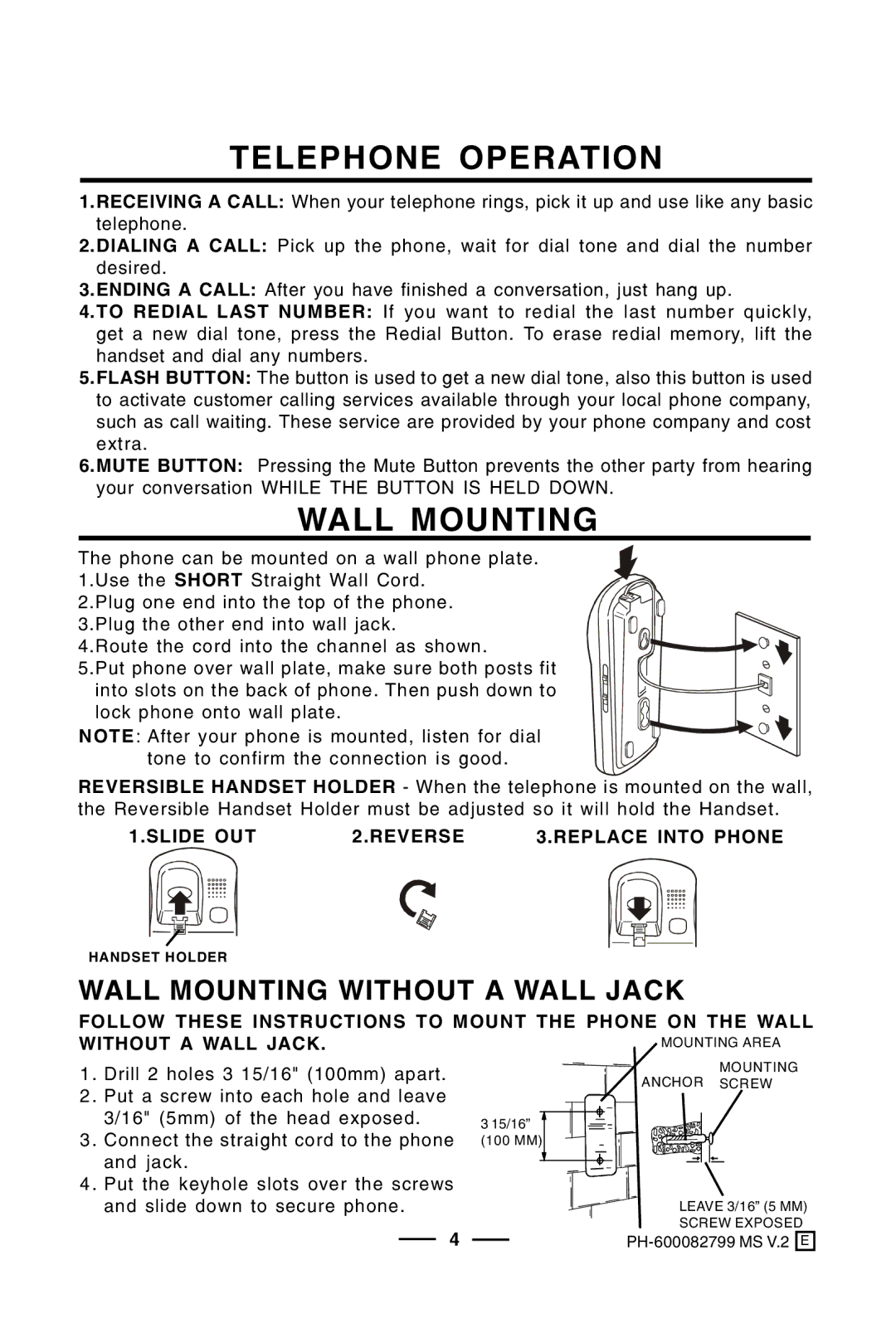 Lenoxx Electronics 601, PH-600, BP-600 operating instructions Telephone Operation, Wall Mounting Without a Wall Jack 