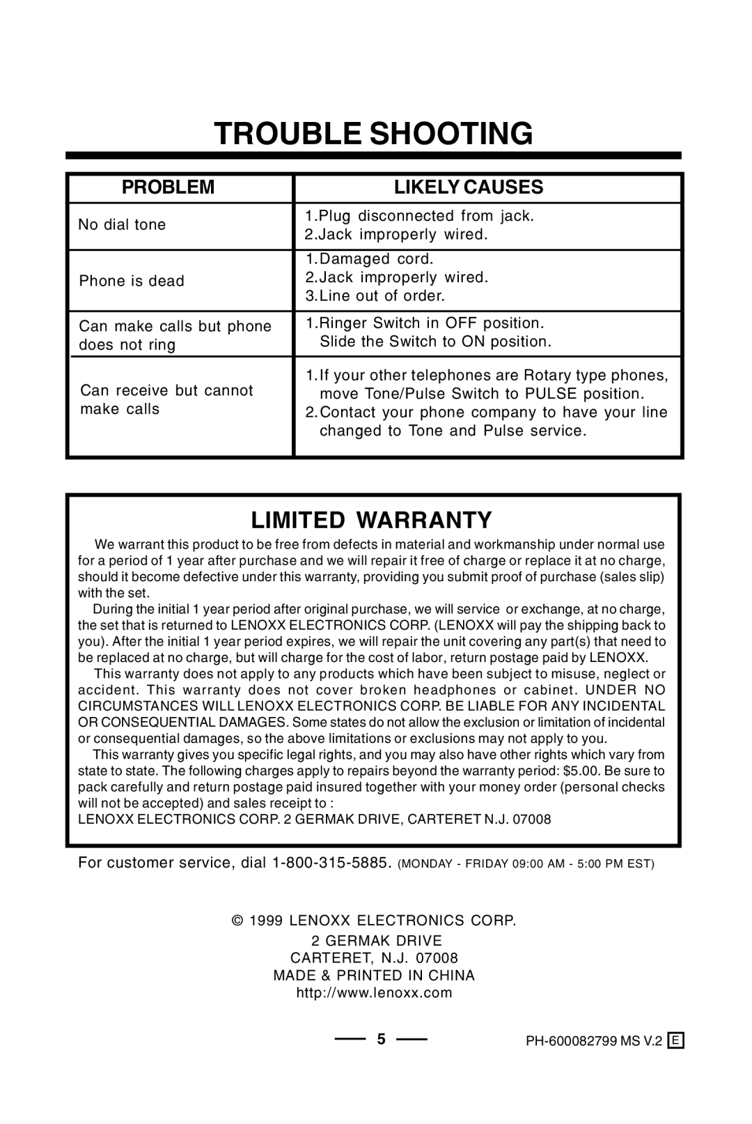 Lenoxx Electronics PH-600, BP-600, 601 operating instructions Limited Warranty, Problem Likely Causes 