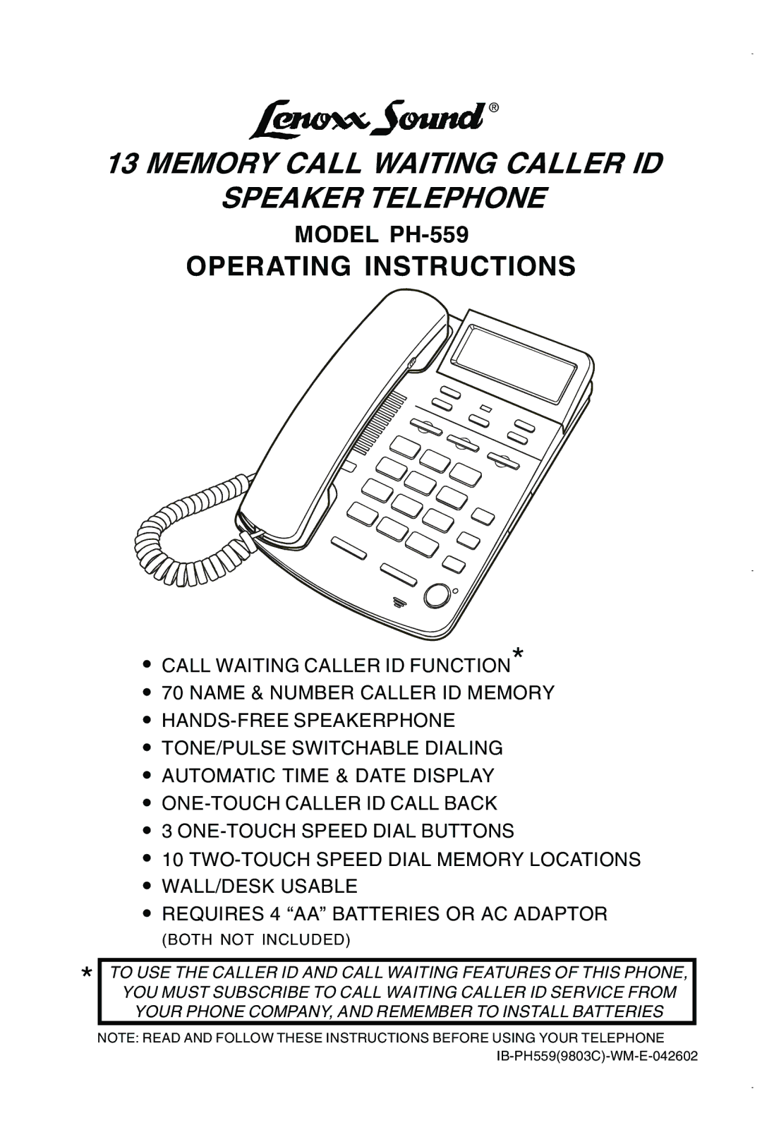 Lenoxx Electronics PH559 operating instructions Memory Call Waiting Caller ID Speaker Telephone, Operating Instructions 