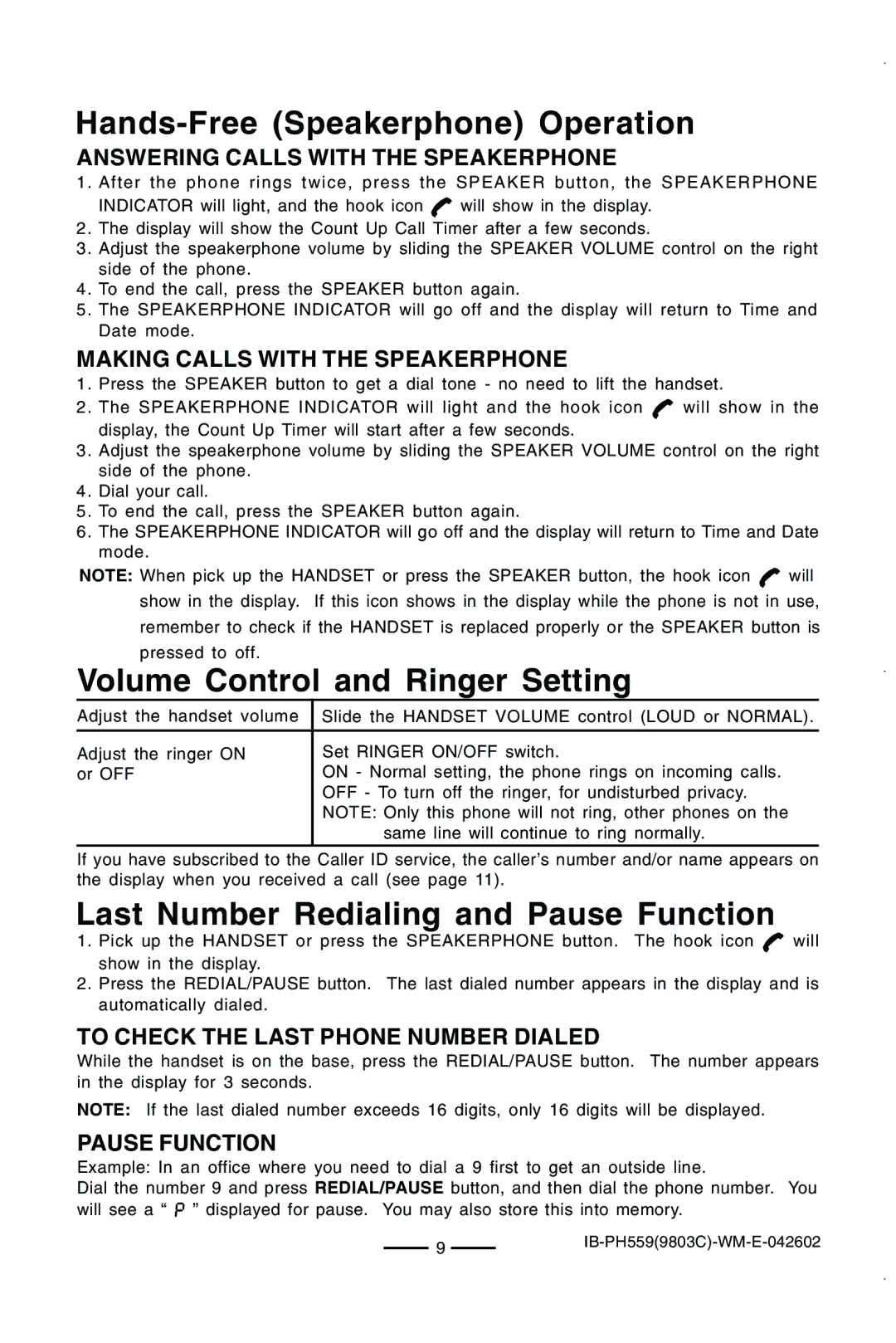 Lenoxx Electronics PH559 operating instructions Hands-Free Speakerphone Operation, Volume Control and Ringer Setting 