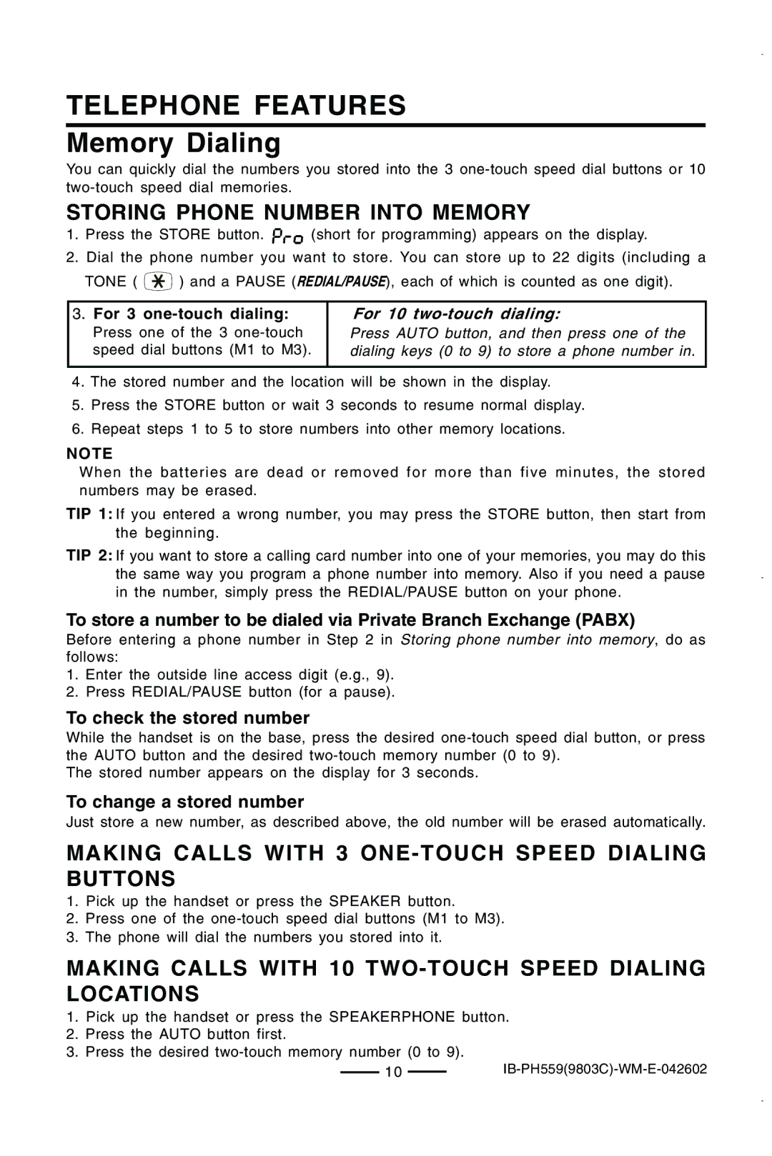 Lenoxx Electronics PH559 operating instructions Telephone Features, Memory Dialing 