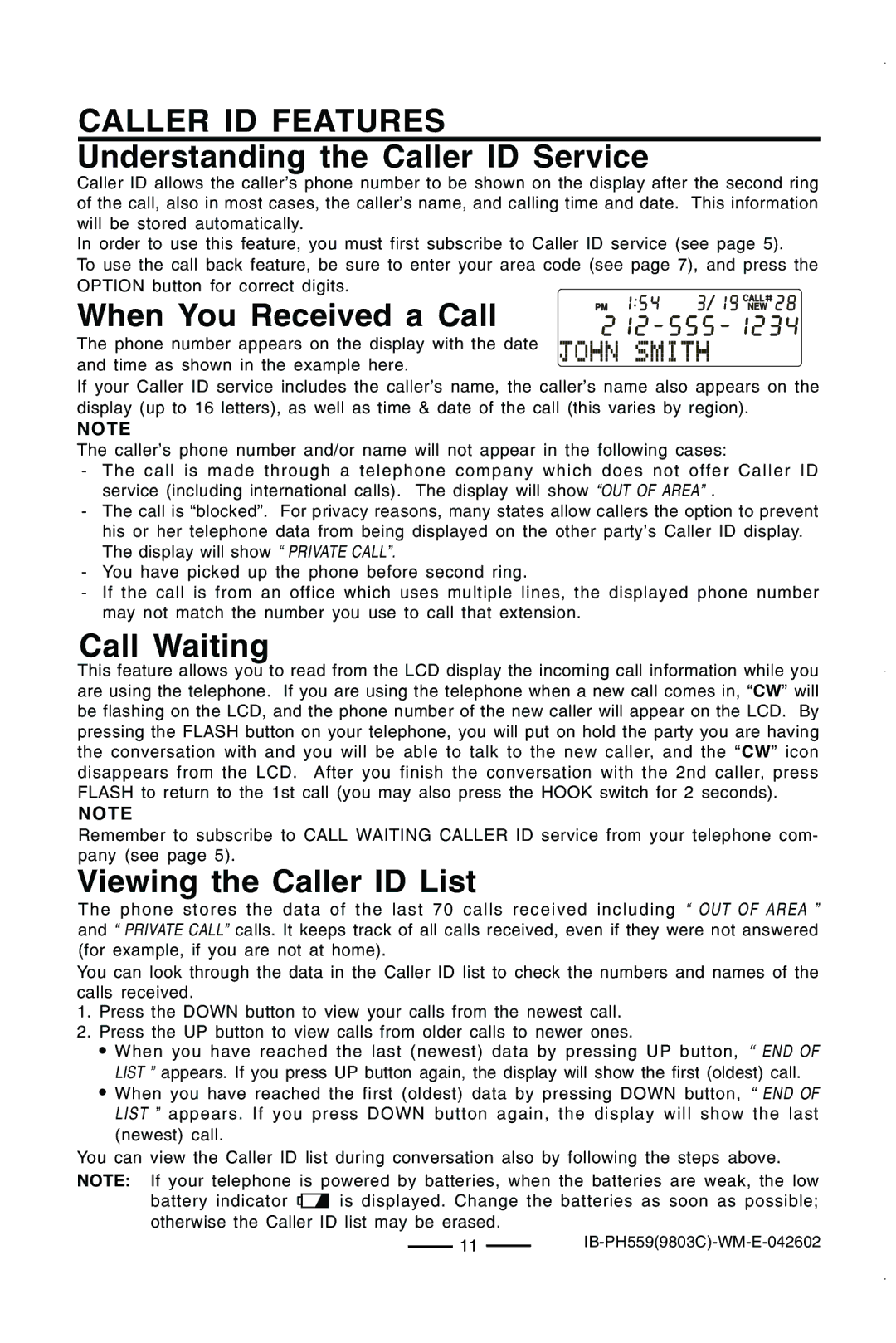 Lenoxx Electronics PH559 Caller ID Features Understanding the Caller ID Service, When You Received a Call, Call Waiting 