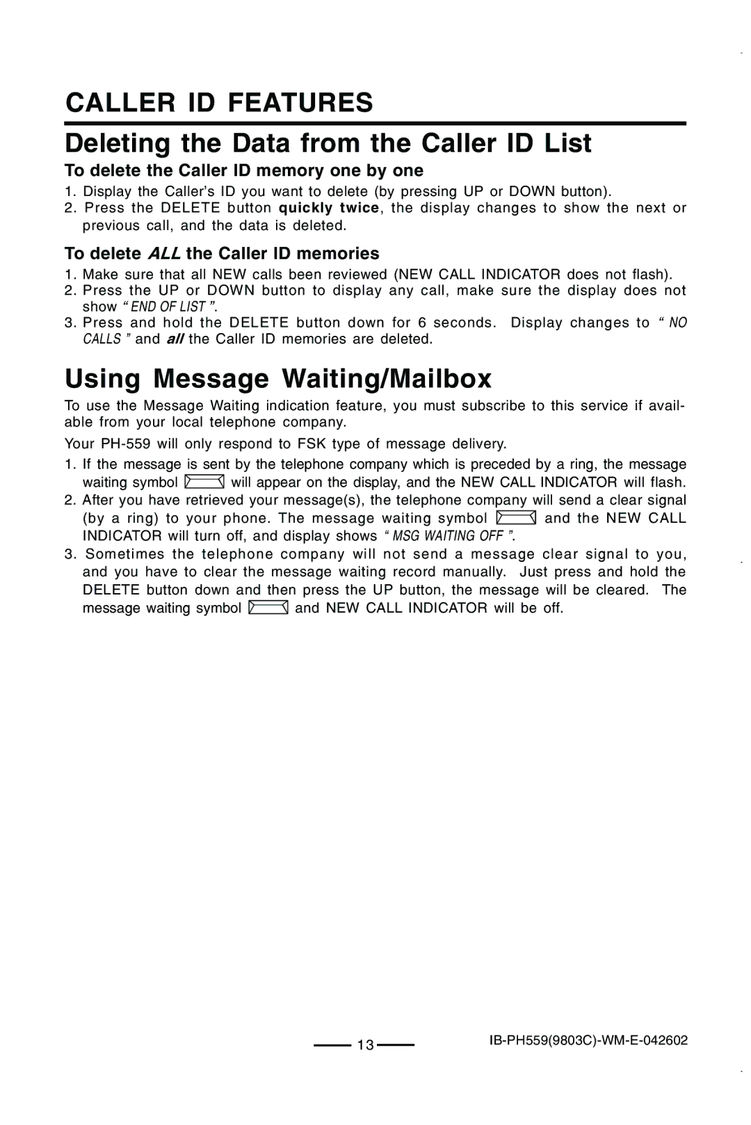 Lenoxx Electronics PH559 operating instructions Deleting the Data from the Caller ID List, Using Message Waiting/Mailbox 