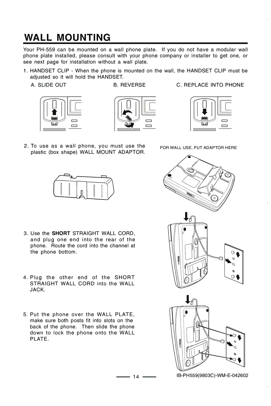 Lenoxx Electronics PH559 operating instructions Wall Mounting, Slide OUT Reverse Replace Into Phone 