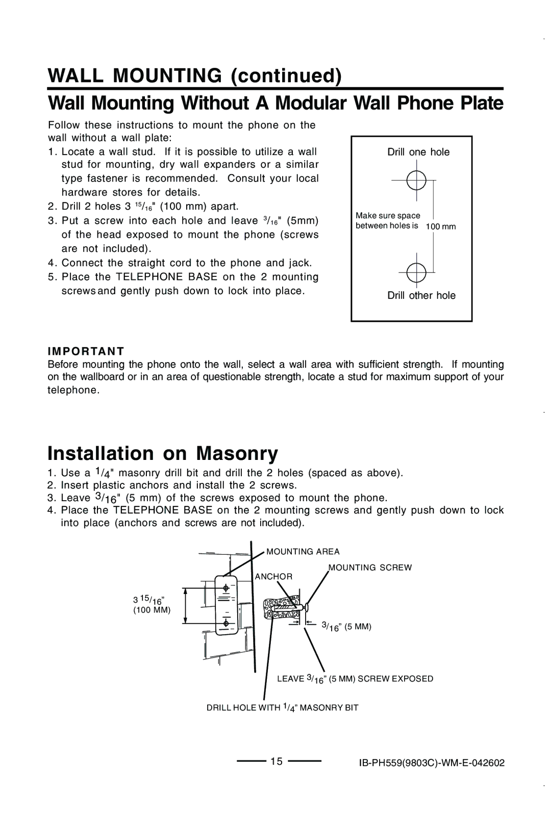 Lenoxx Electronics PH559 operating instructions Installation on Masonry, P O R Ta N T 