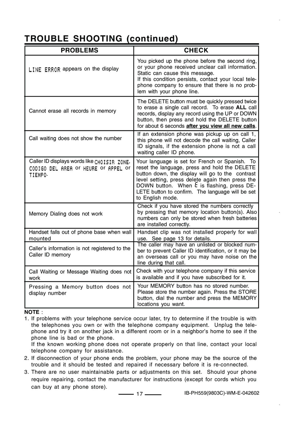 Lenoxx Electronics PH559 operating instructions Trouble Shooting 