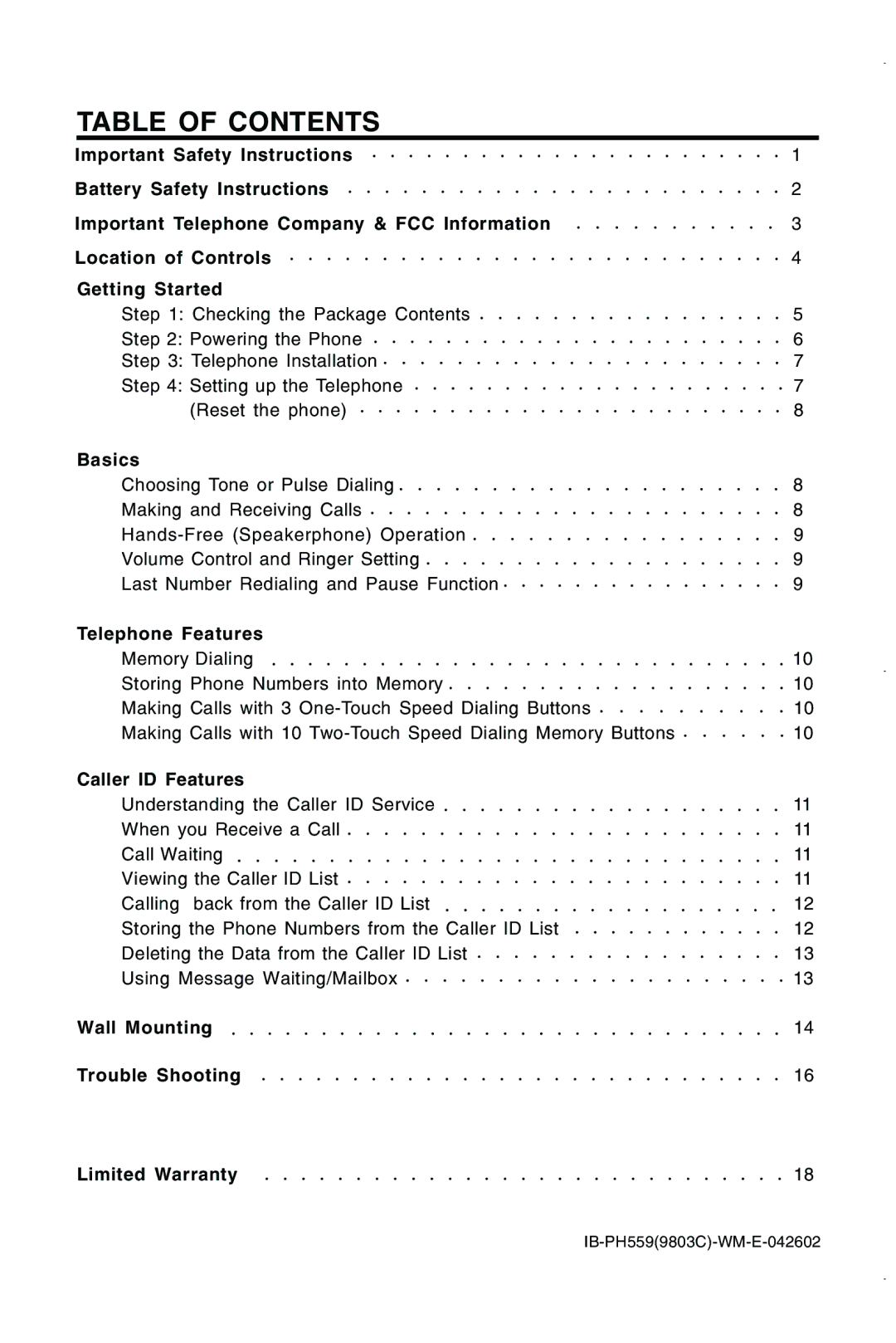 Lenoxx Electronics PH559 operating instructions Table of Contents 