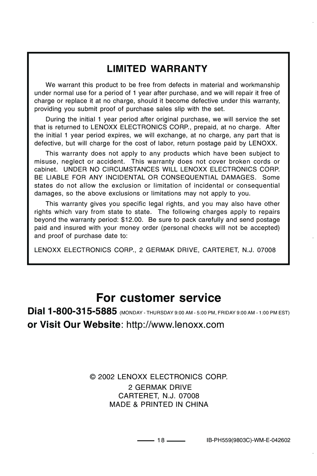 Lenoxx Electronics PH559 operating instructions Limited Warranty 