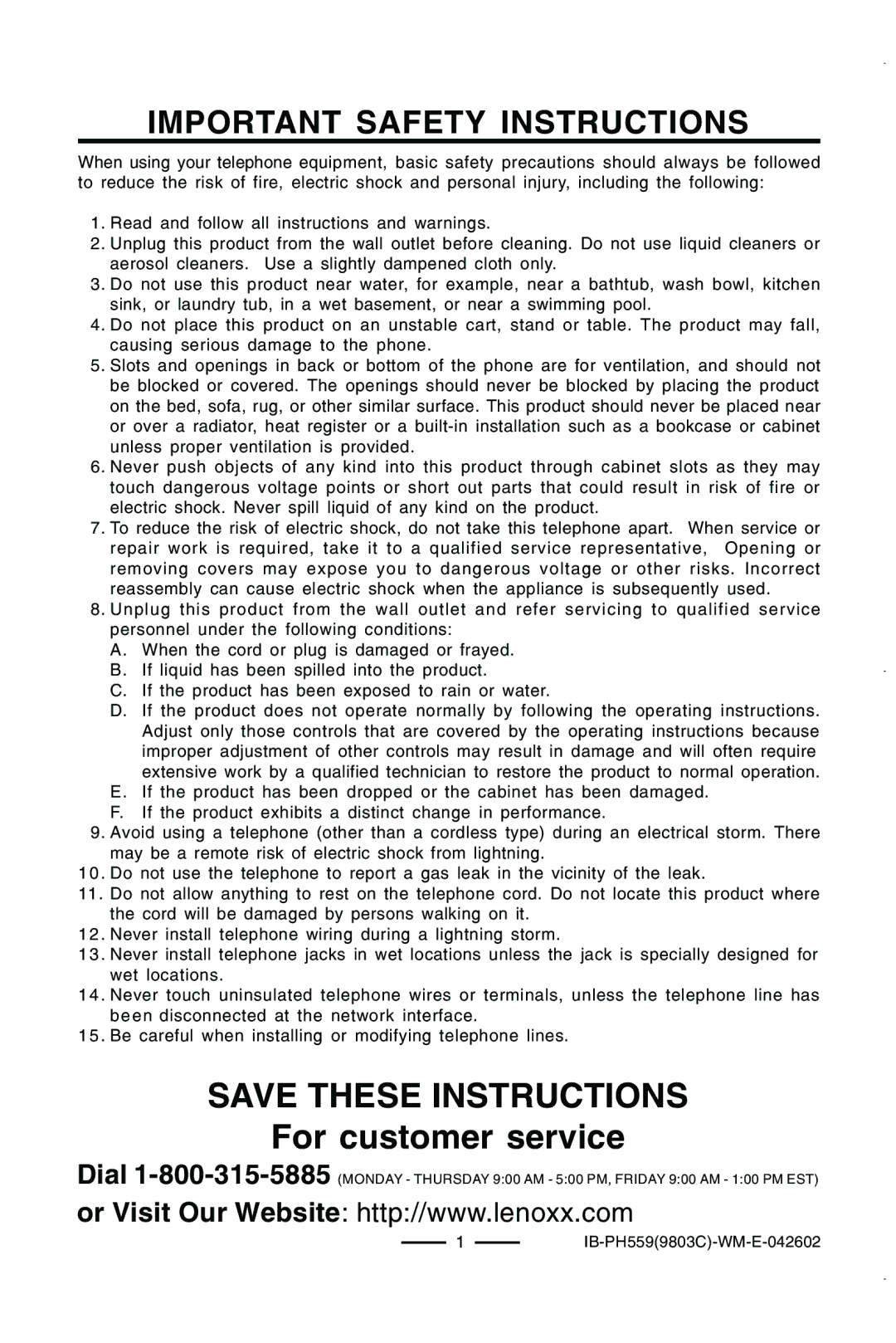 Lenoxx Electronics PH559 operating instructions For customer service, Important Safety Instructions 