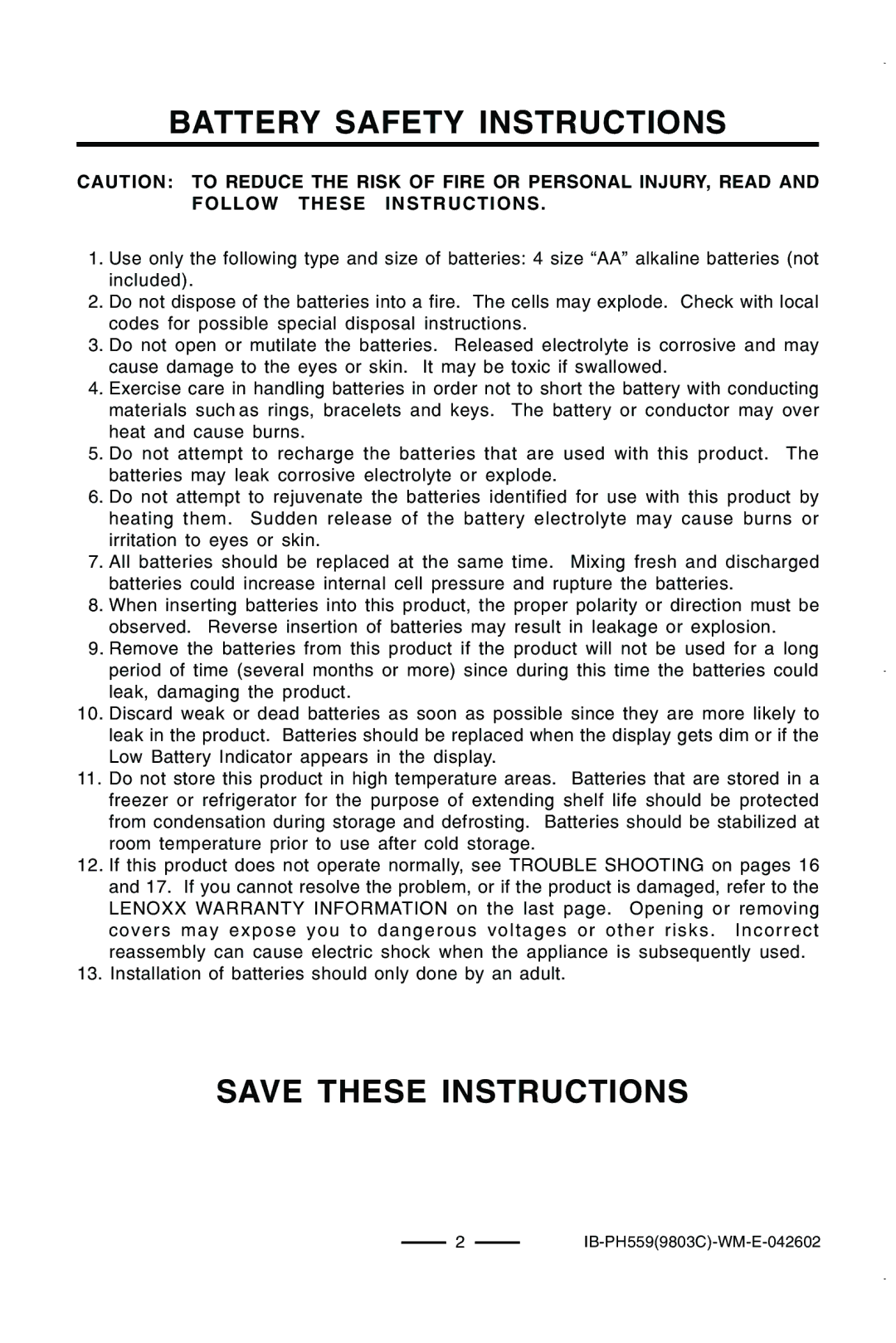 Lenoxx Electronics PH559 operating instructions Battery Safety Instructions 