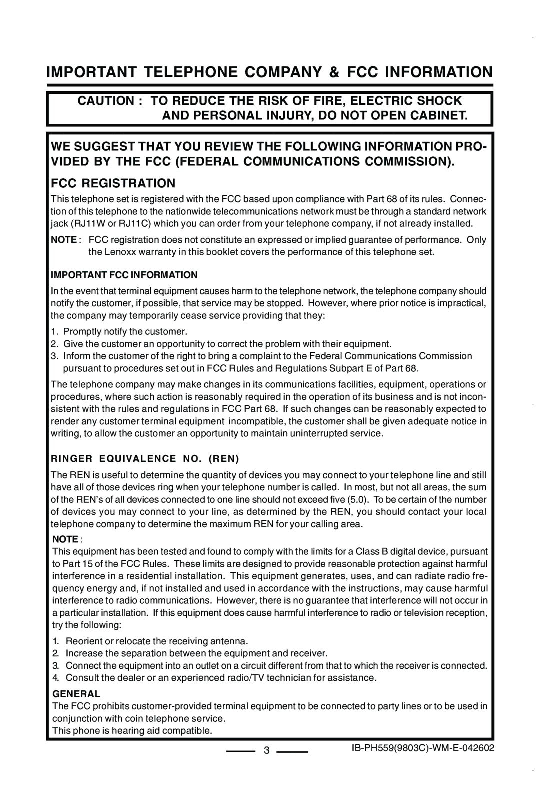 Lenoxx Electronics PH559 operating instructions Important Telephone Company & FCC Information 