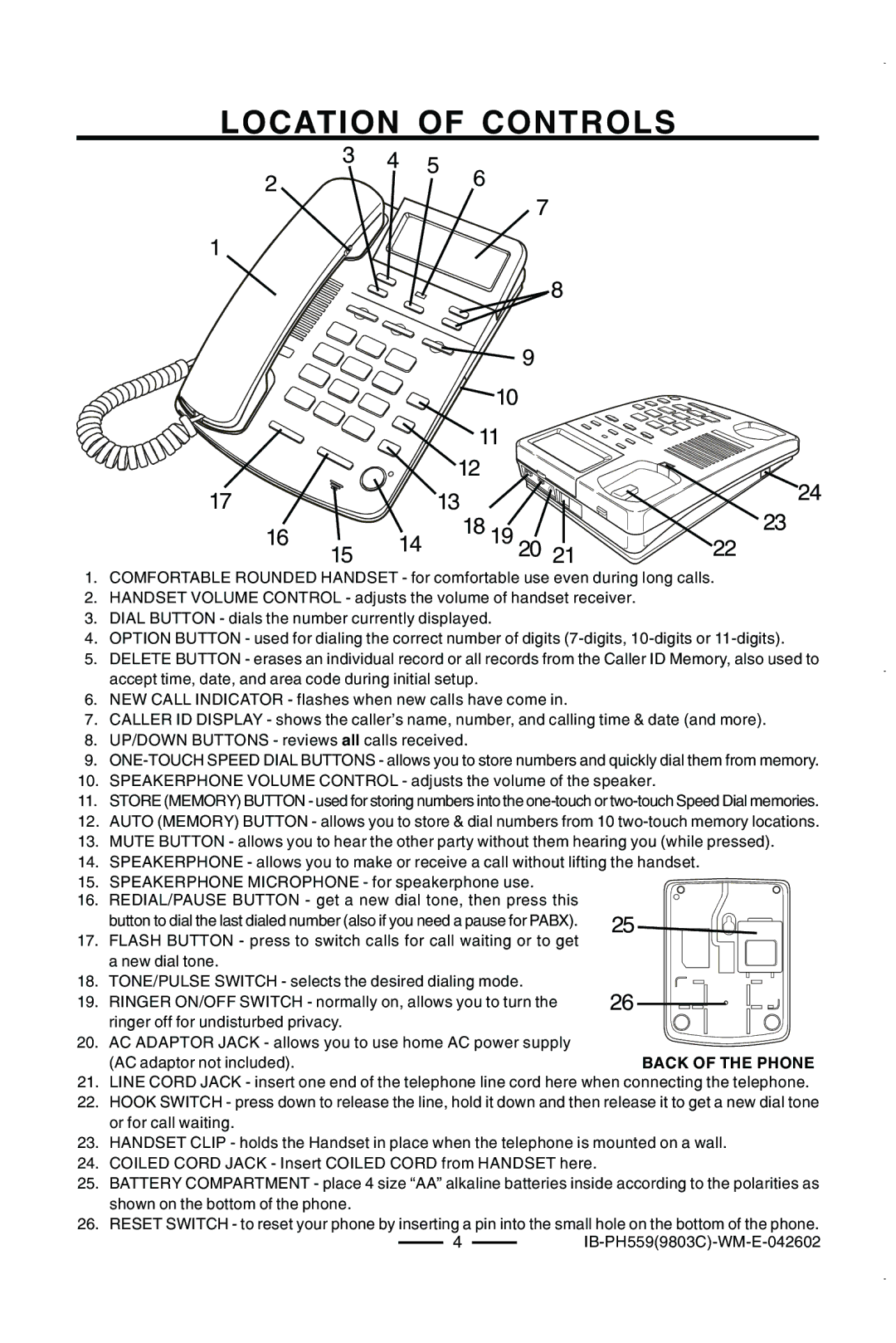 Lenoxx Electronics PH559 operating instructions Location of Controls, 18 19 20 