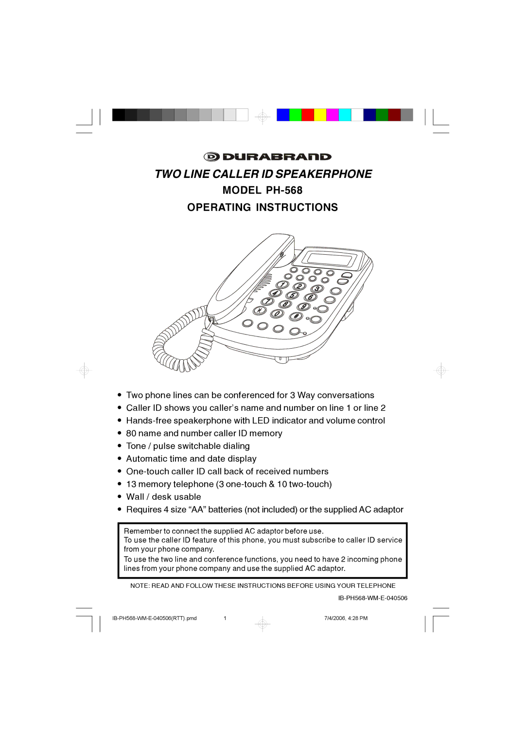 Lenoxx Electronics PH568 operating instructions TWO Line Caller ID Speakerphone, Model PH-568 Operating Instructions 