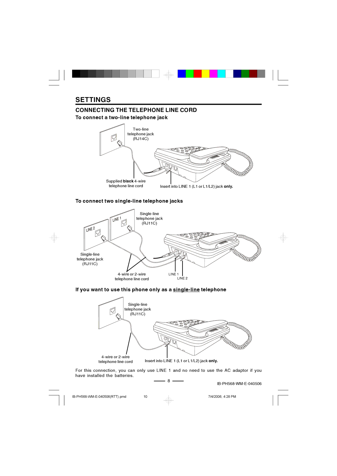 Lenoxx Electronics PH568 operating instructions Connecting the Telephone Line Cord, To connect a two-line telephone jack 