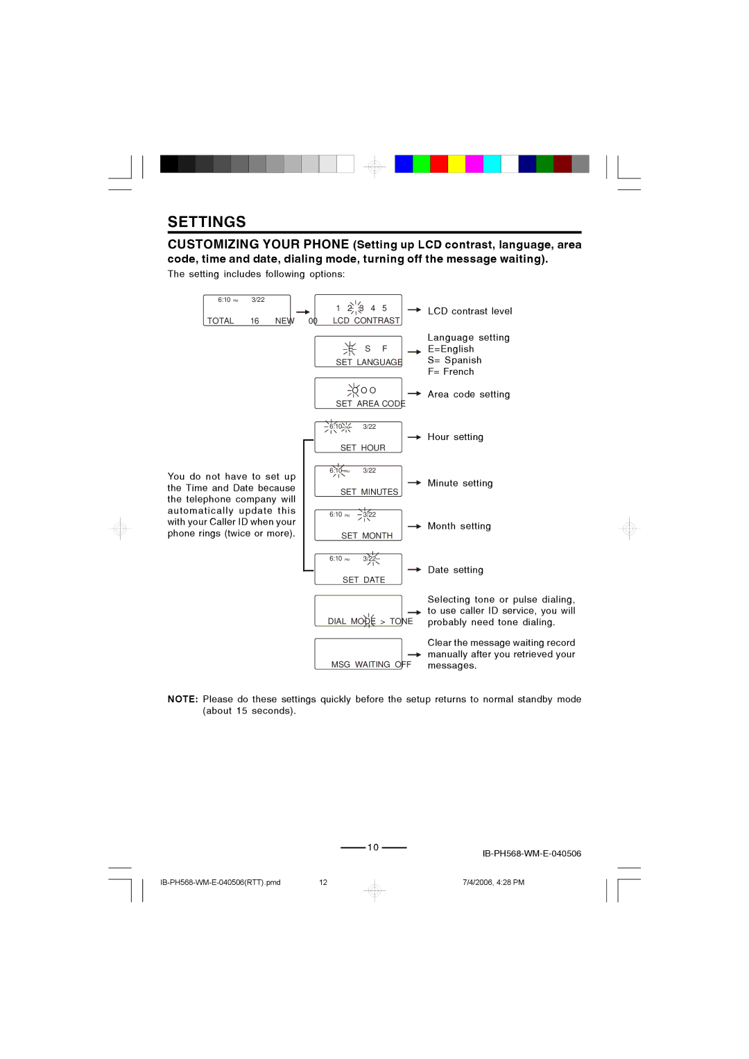 Lenoxx Electronics PH568 operating instructions Setting includes following options 