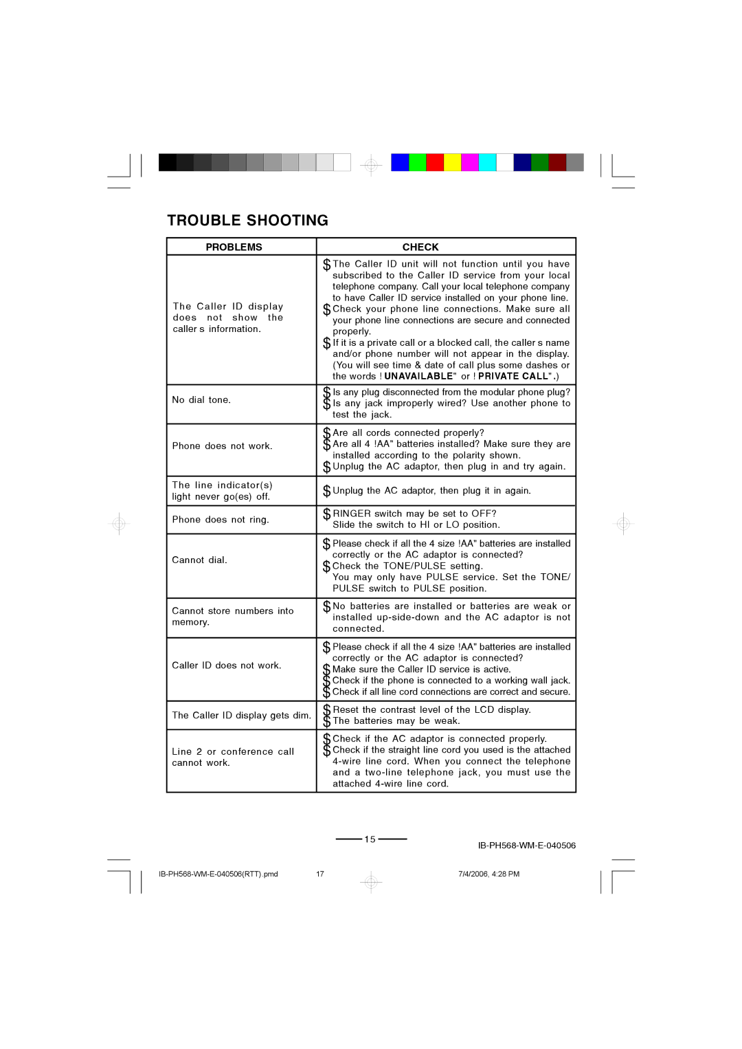 Lenoxx Electronics PH568 operating instructions Trouble Shooting, Problems 