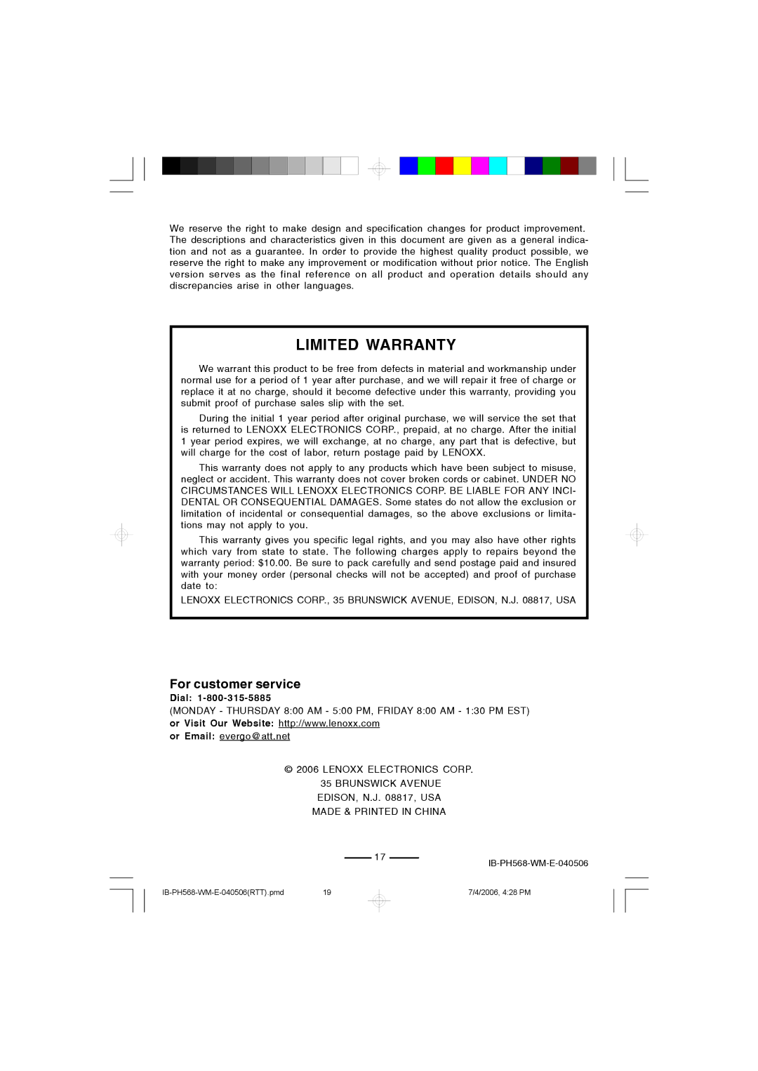 Lenoxx Electronics PH568 operating instructions Limited Warranty, For customer service 