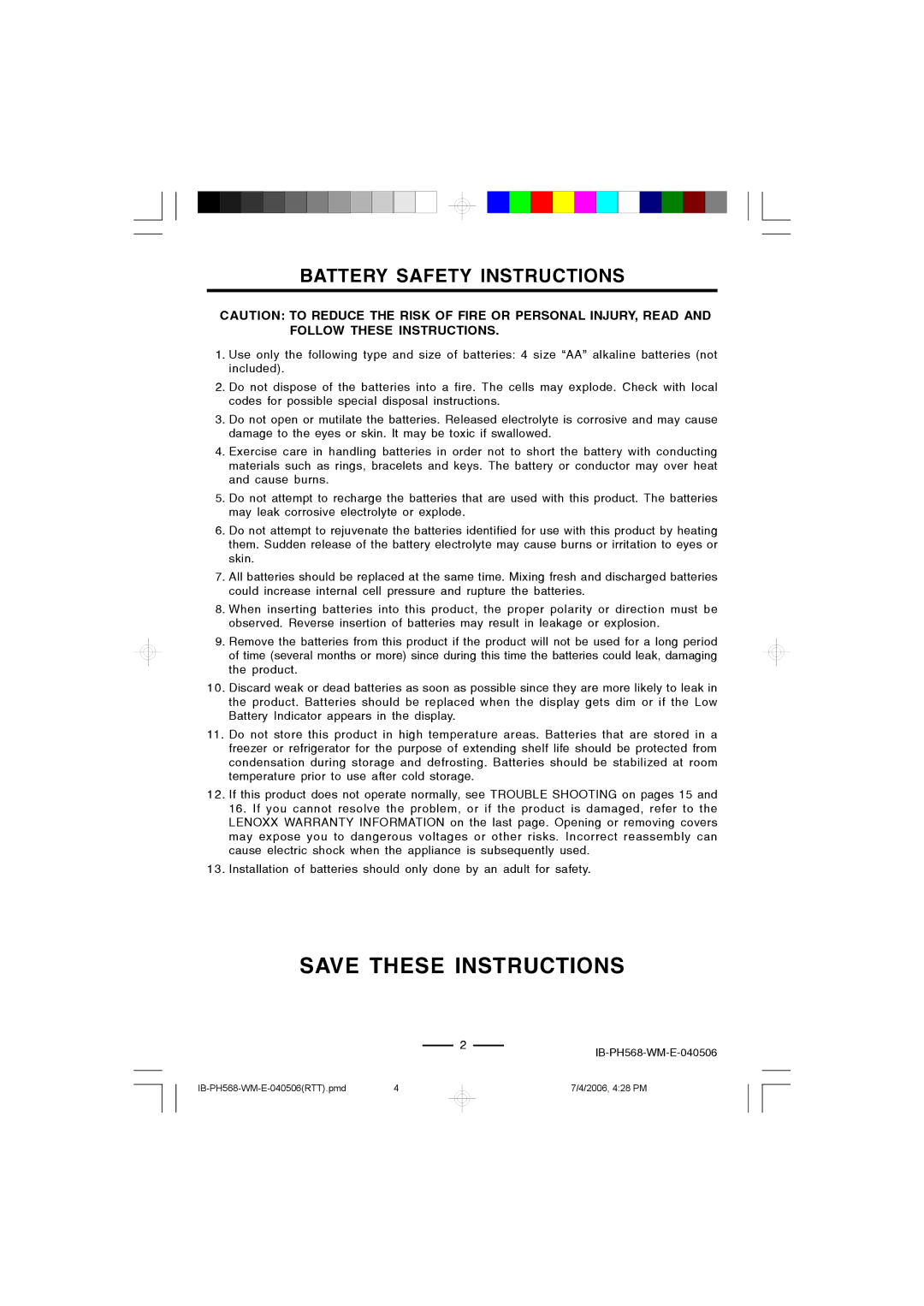 Lenoxx Electronics PH568 operating instructions Battery Safety Instructions 