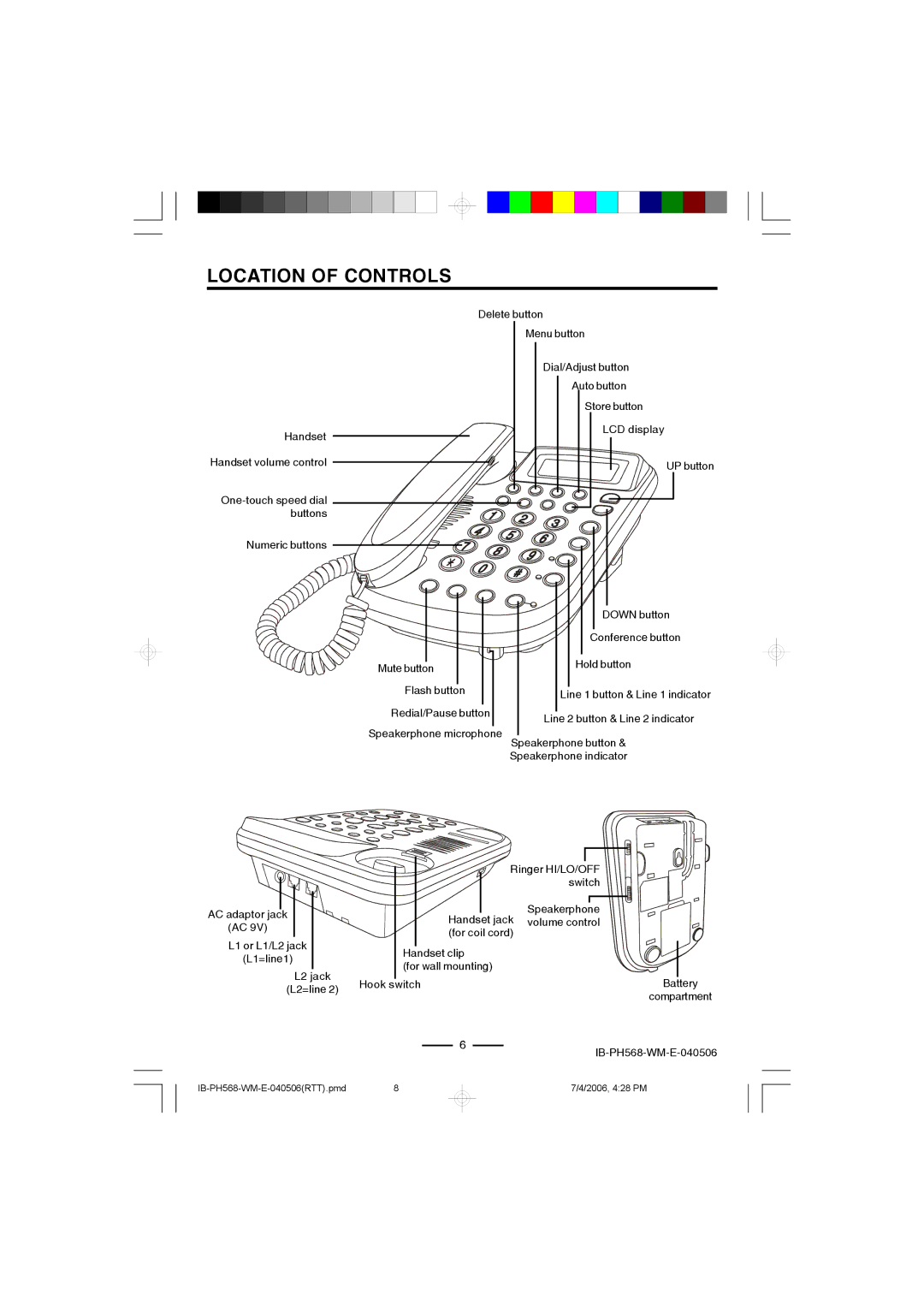 Lenoxx Electronics PH568 operating instructions Location of Controls 