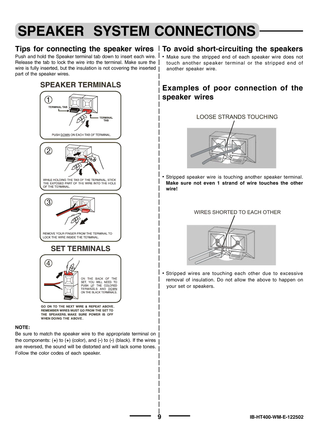 Lenoxx Electronics pmnHT-4OO manual Tips for connecting the speaker wires, To avoid short-circuiting the speakers 