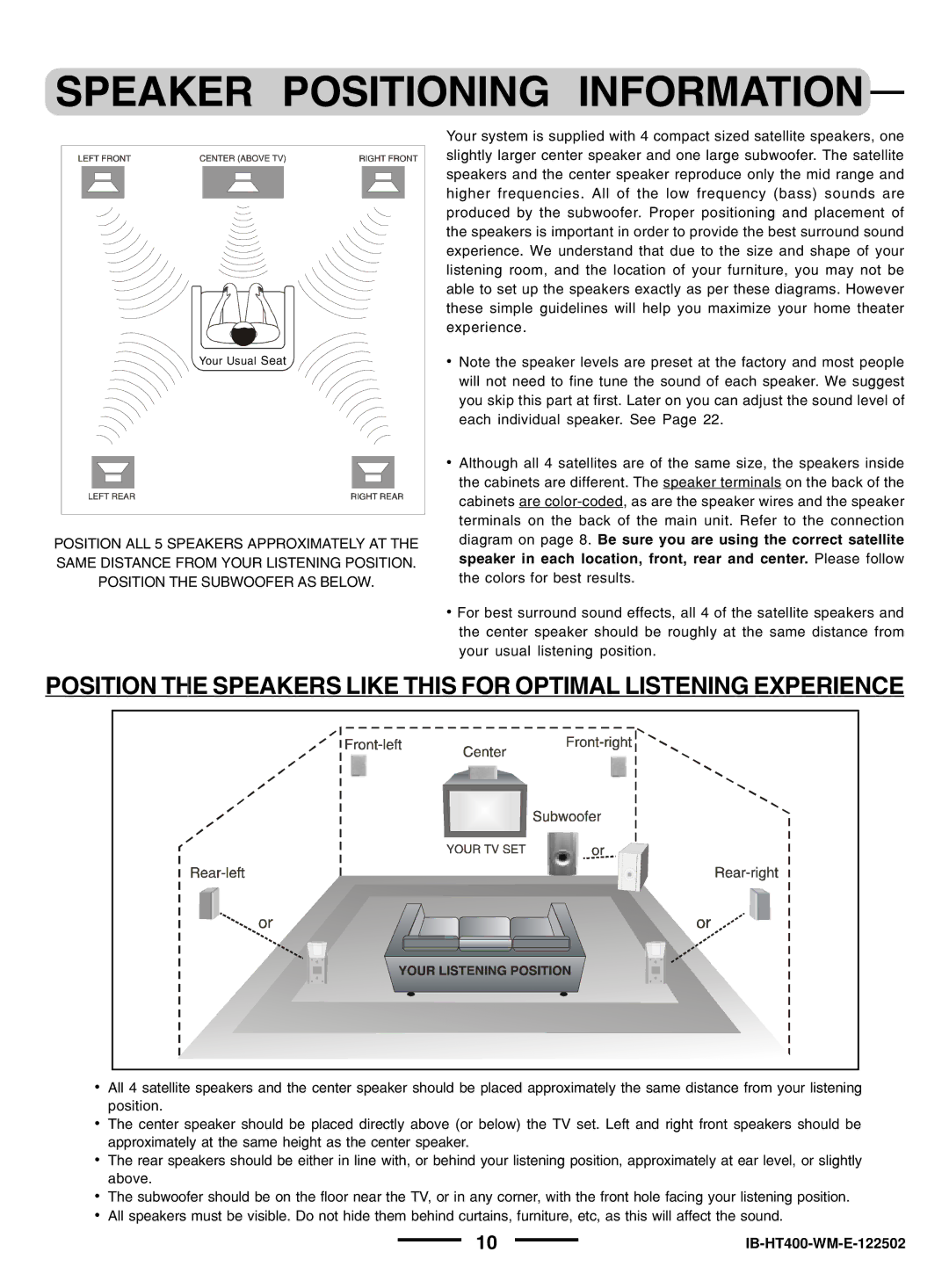 Lenoxx Electronics pmnHT-4OO manual Speaker Positioning Information, Position ALL 5 Speakers Approximately AT 