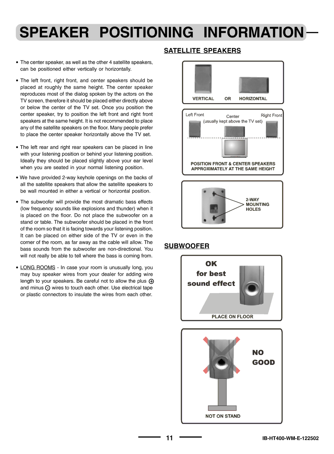 Lenoxx Electronics pmnHT-4OO manual Satellite Speakers, Subwoofer 