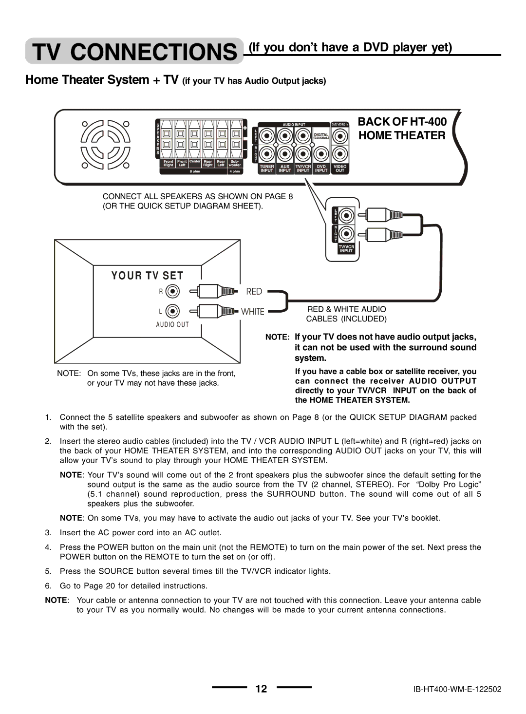 Lenoxx Electronics pmnHT-4OO manual TV Connections If you don’t have a DVD player yet, Back of HT-400 Home Theater 