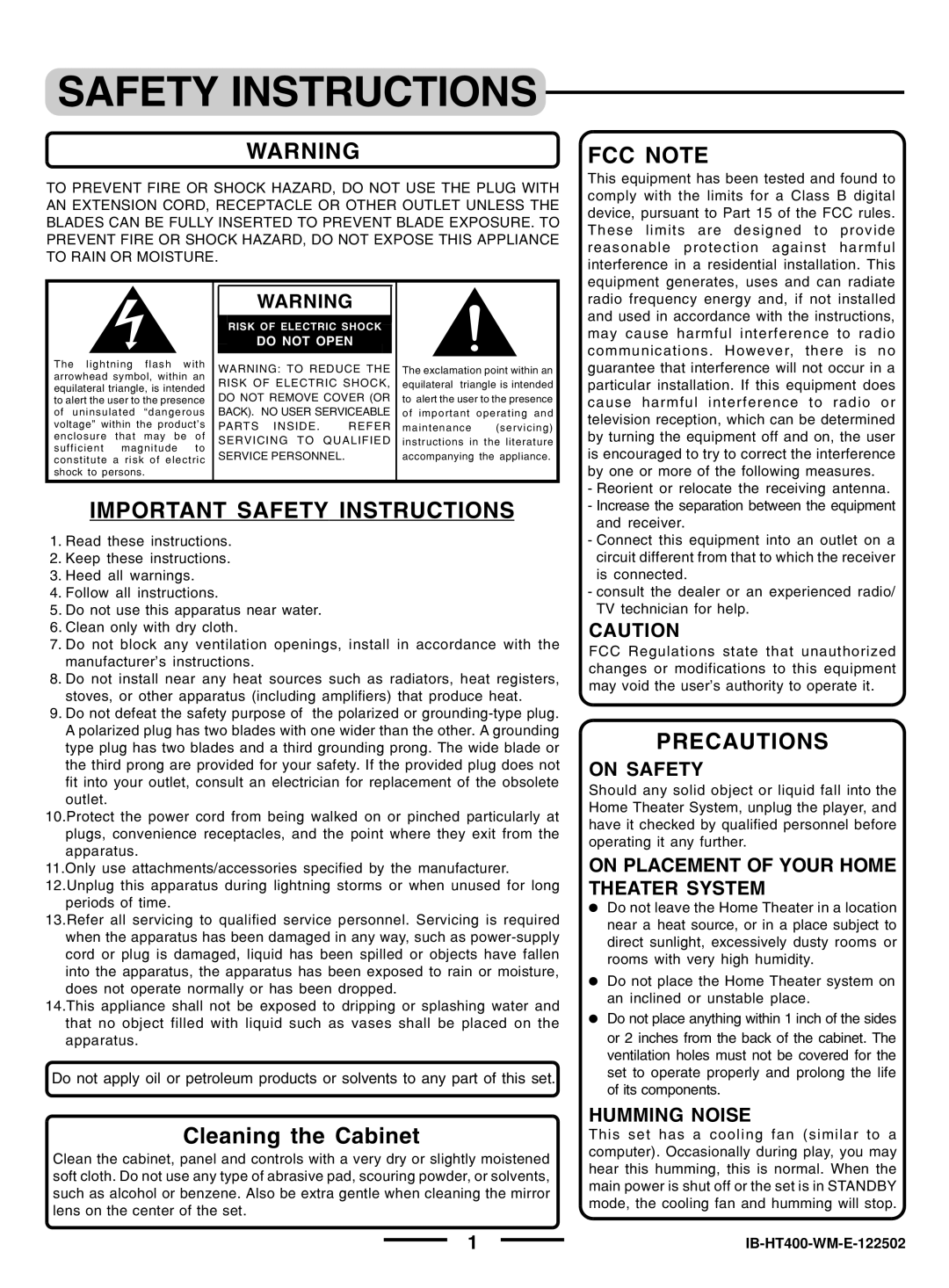 Lenoxx Electronics pmnHT-4OO manual Safety Instructions, Cleaning the Cabinet, On Safety, Humming Noise 