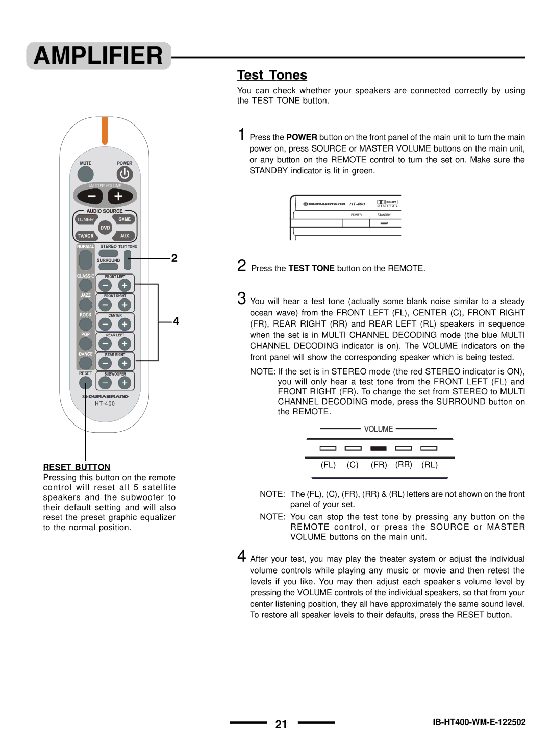 Lenoxx Electronics pmnHT-4OO manual Test Tones, Reset Button 