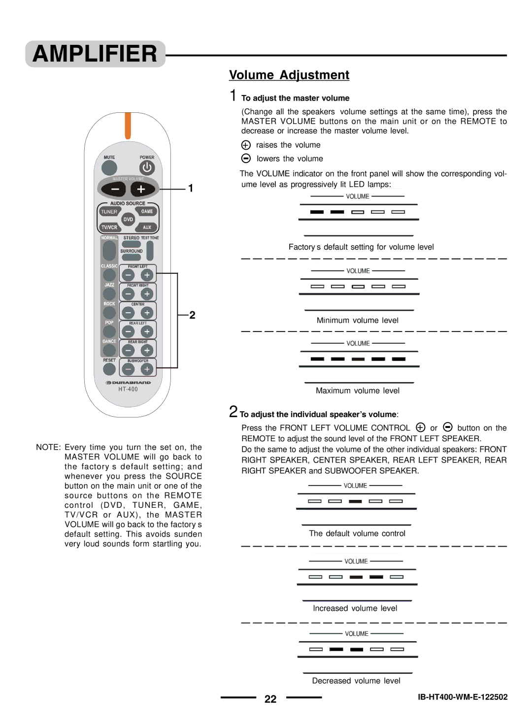 Lenoxx Electronics pmnHT-4OO manual Volume Adjustment 