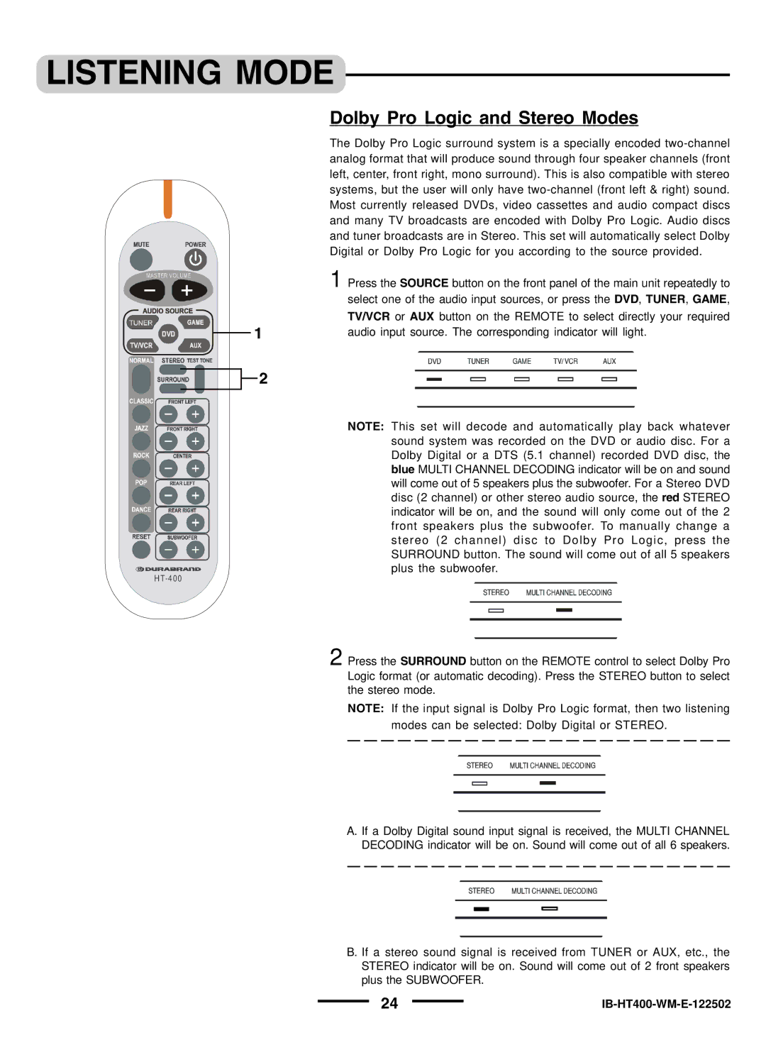 Lenoxx Electronics pmnHT-4OO manual Dolby Pro Logic and Stereo Modes 