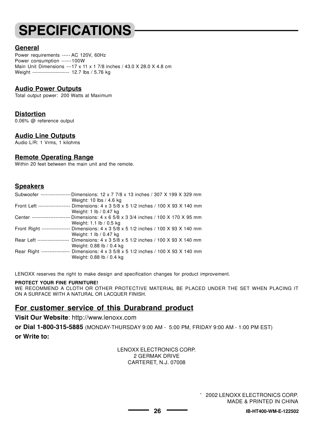 Lenoxx Electronics pmnHT-4OO manual Specifications, For customer service of this Durabrand product 