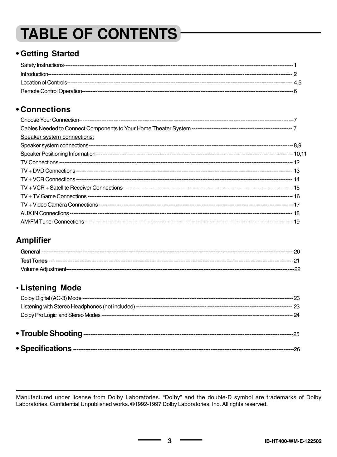 Lenoxx Electronics pmnHT-4OO manual Table of Contents 