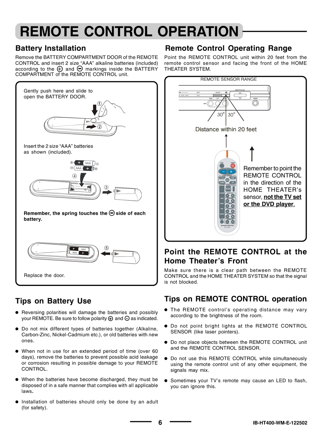 Lenoxx Electronics pmnHT-4OO manual Remote Control Operation, Battery Installation Remote Control Operating Range 