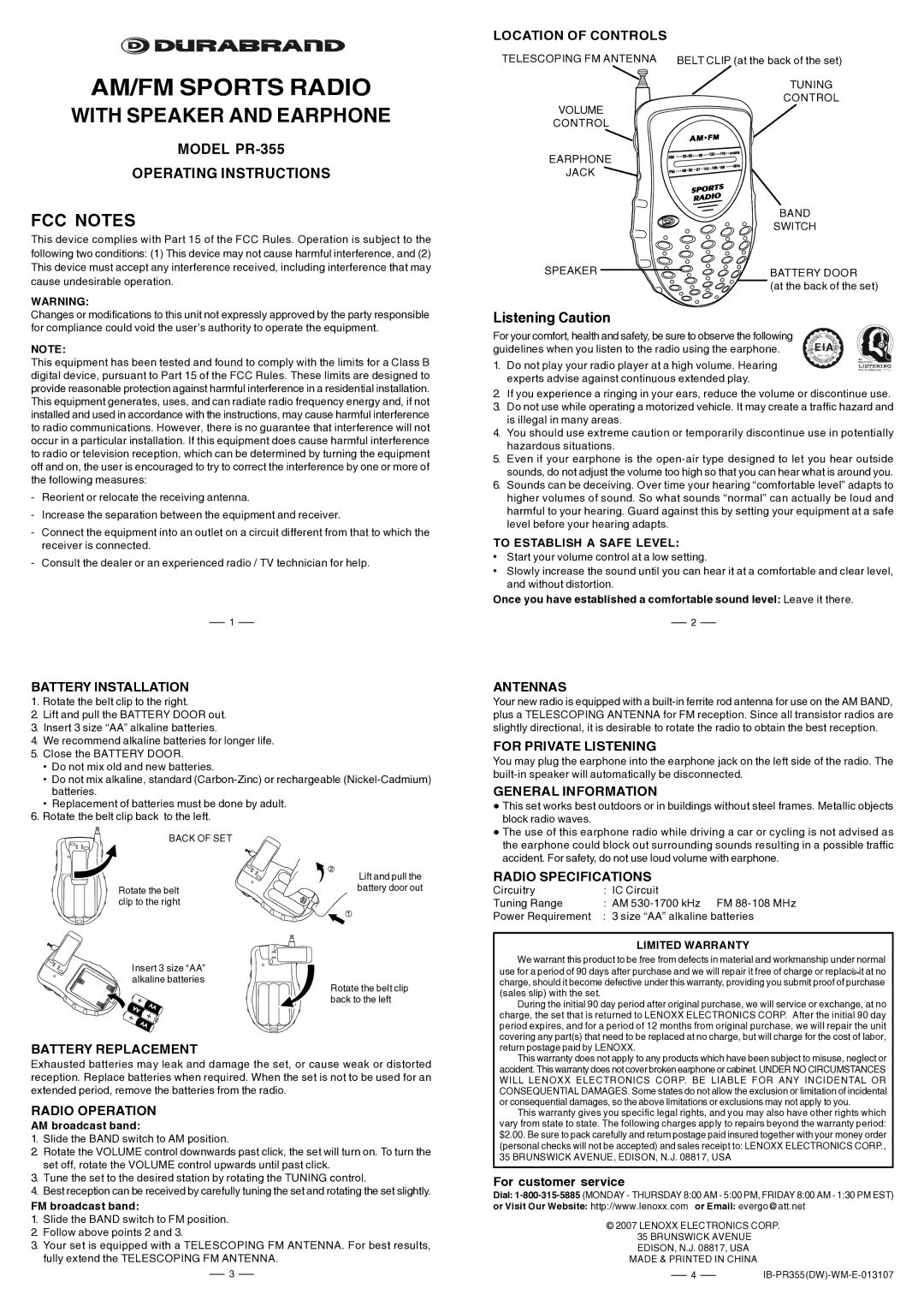 Lenoxx Electronics PR-355 specifications Location of Controls, Battery Installation, Battery Replacement, Radio Operation 