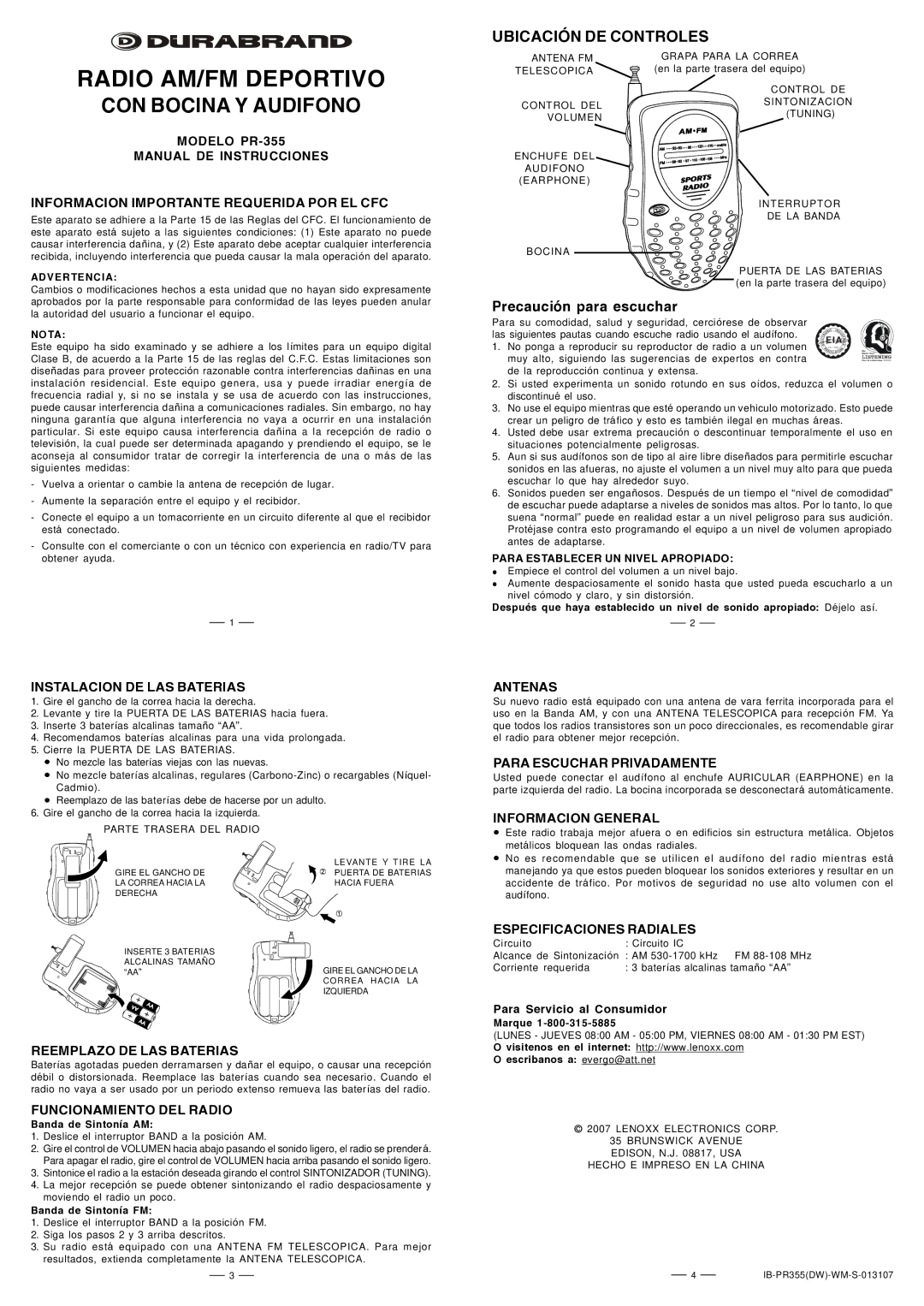 Lenoxx Electronics PR-355 Instalacion DE LAS Baterias, Antenas, Para Escuchar Privadamente, Informacion General 