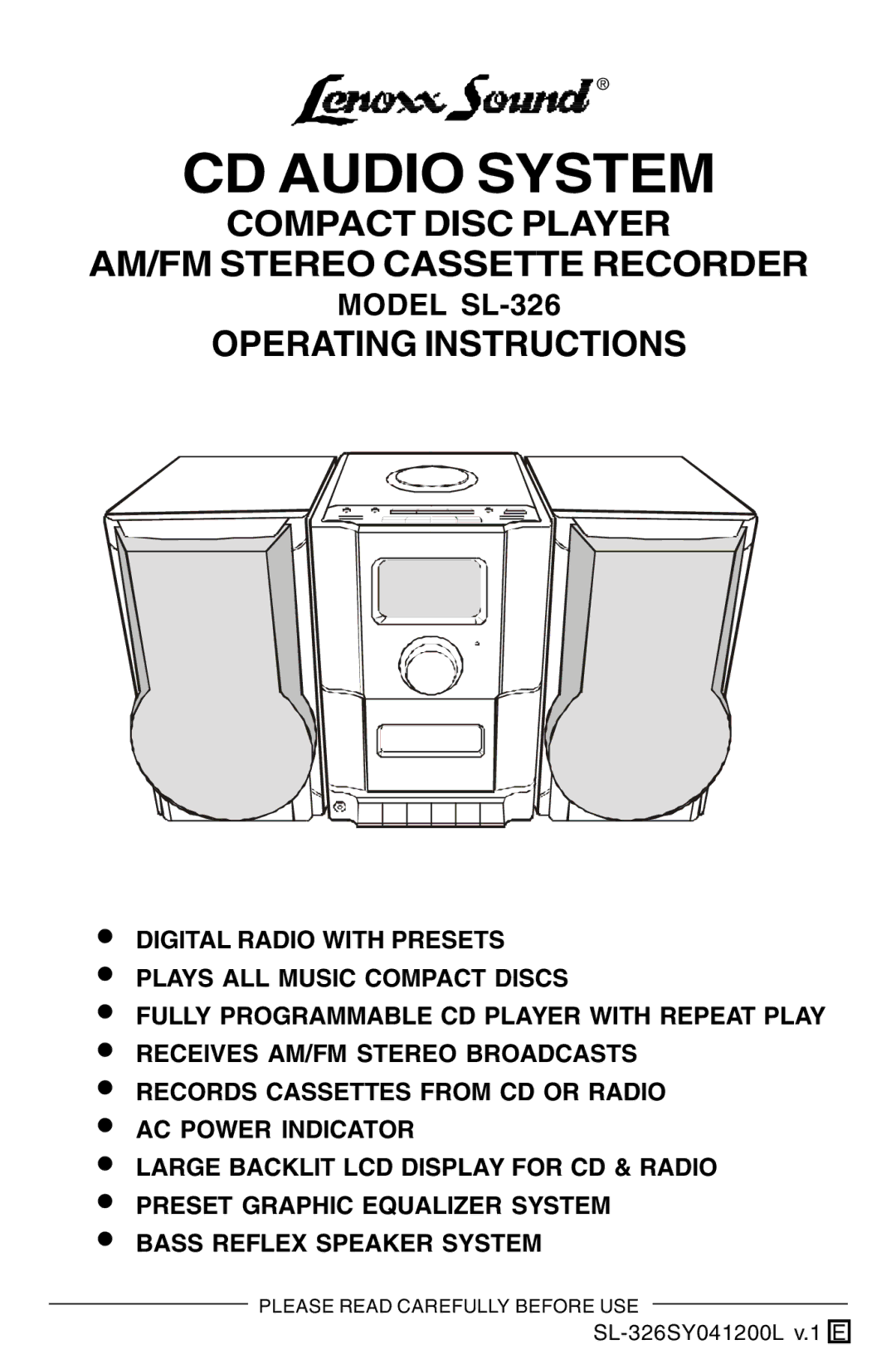 Lenoxx Electronics SL-326 manual CD Audio System 