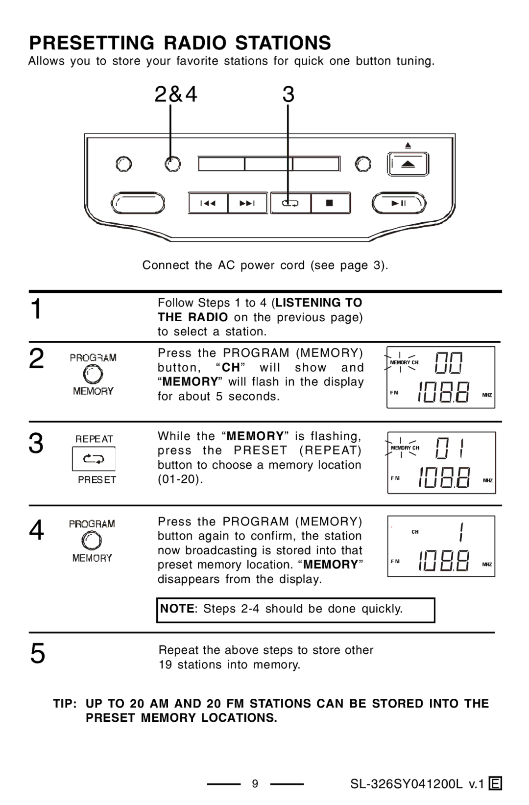 Lenoxx Electronics SL-326 manual Presetting Radio Stations 