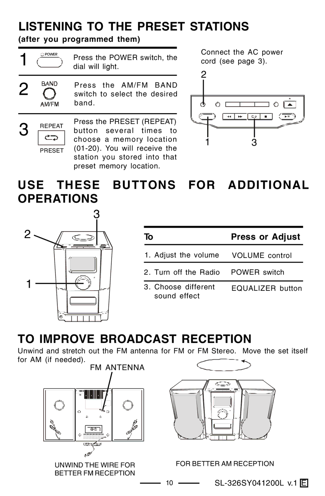 Lenoxx Electronics SL-326 manual Listening to the Preset Stations, To Improve Broadcast Reception, FM Antenna 