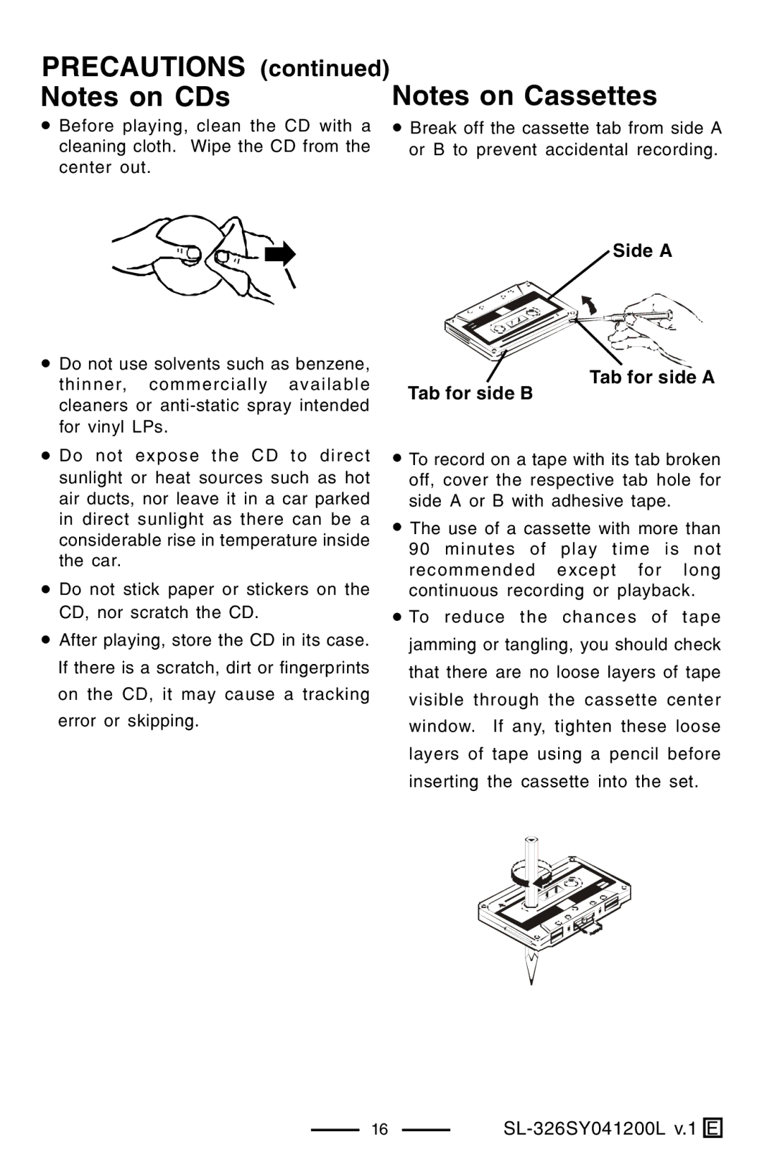 Lenoxx Electronics SL-326 manual Precautions Notes on CDs, Tab for side B Side a Tab for side a 