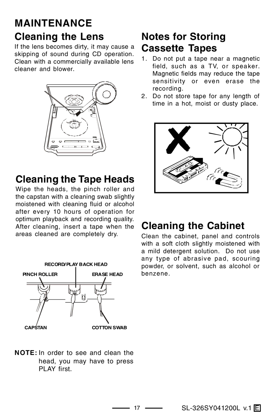 Lenoxx Electronics SL-326 Maintenance, Cleaning the Lens, Cleaning the Tape Heads, Cassette Tapes, Cleaning the Cabinet 