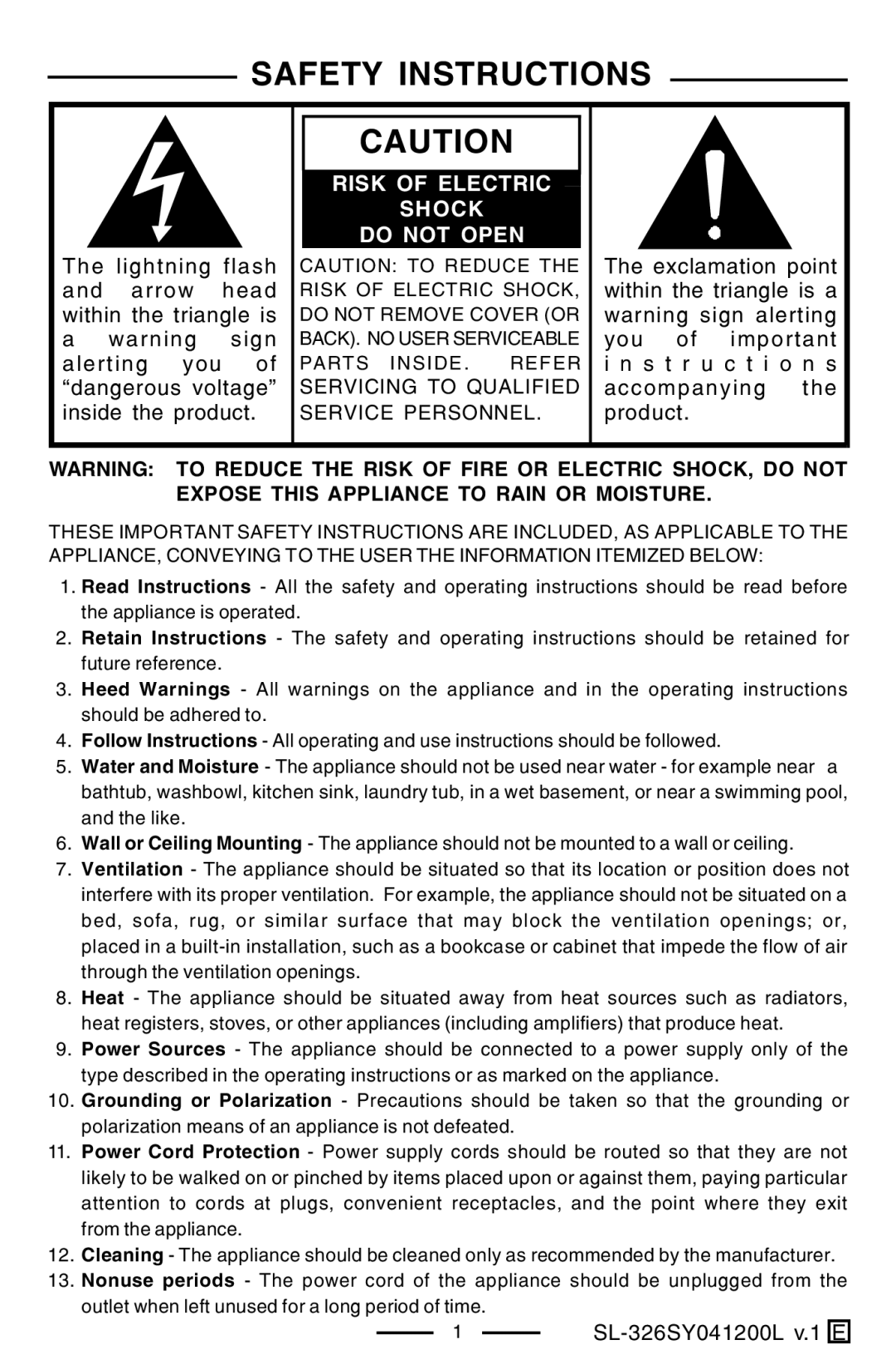 Lenoxx Electronics SL-326 manual Safety Instructions, Servicing to Qualified Service Personnel 