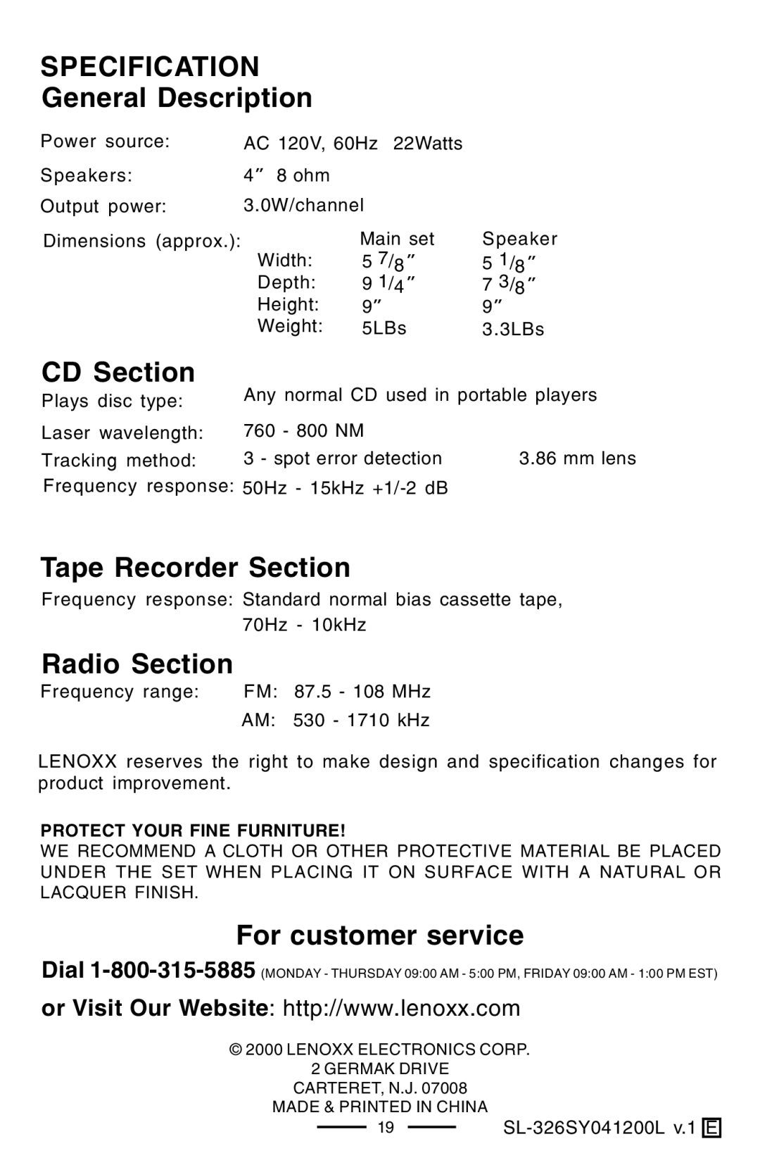 Lenoxx Electronics SL-326 manual Specification 