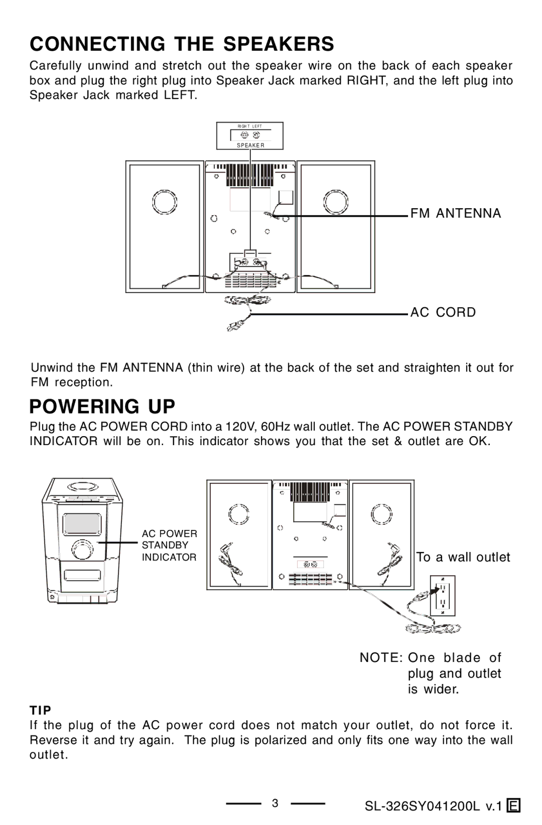 Lenoxx Electronics SL-326 manual Connecting the Speakers, Powering UP, FM Antenna AC Cord, Tip 