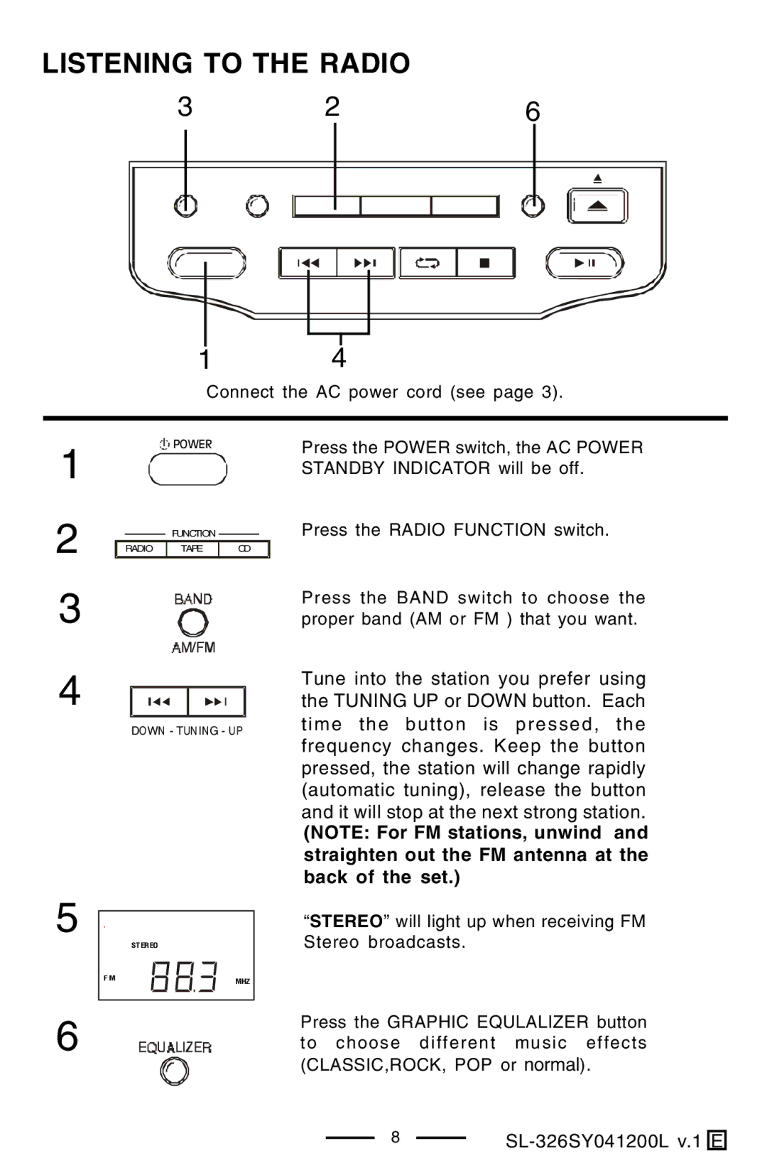 Lenoxx Electronics SL-326 manual Listening to the Radio 