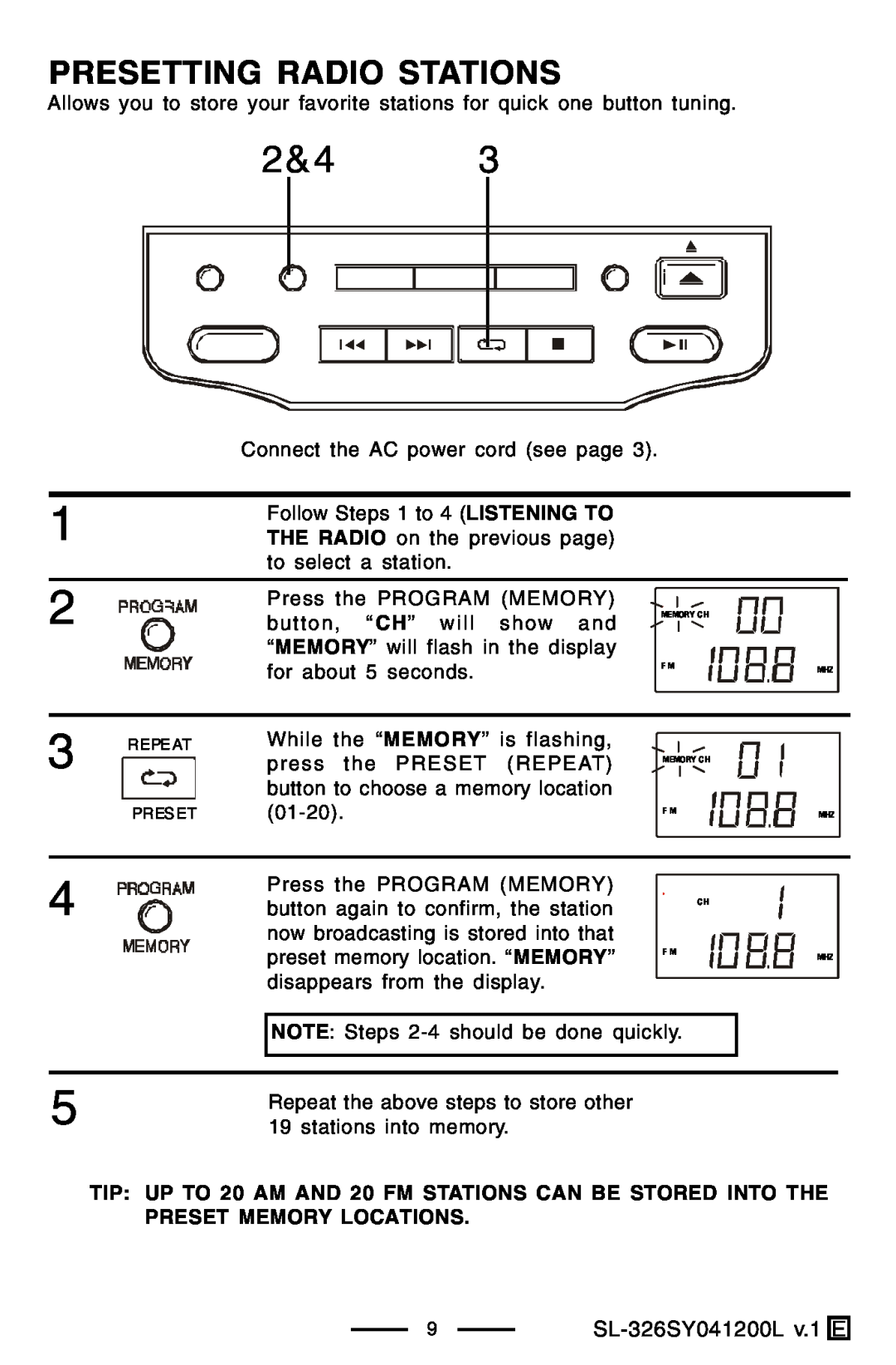 Lenoxx Electronics SL-326 manual Presetting Radio Stations 
